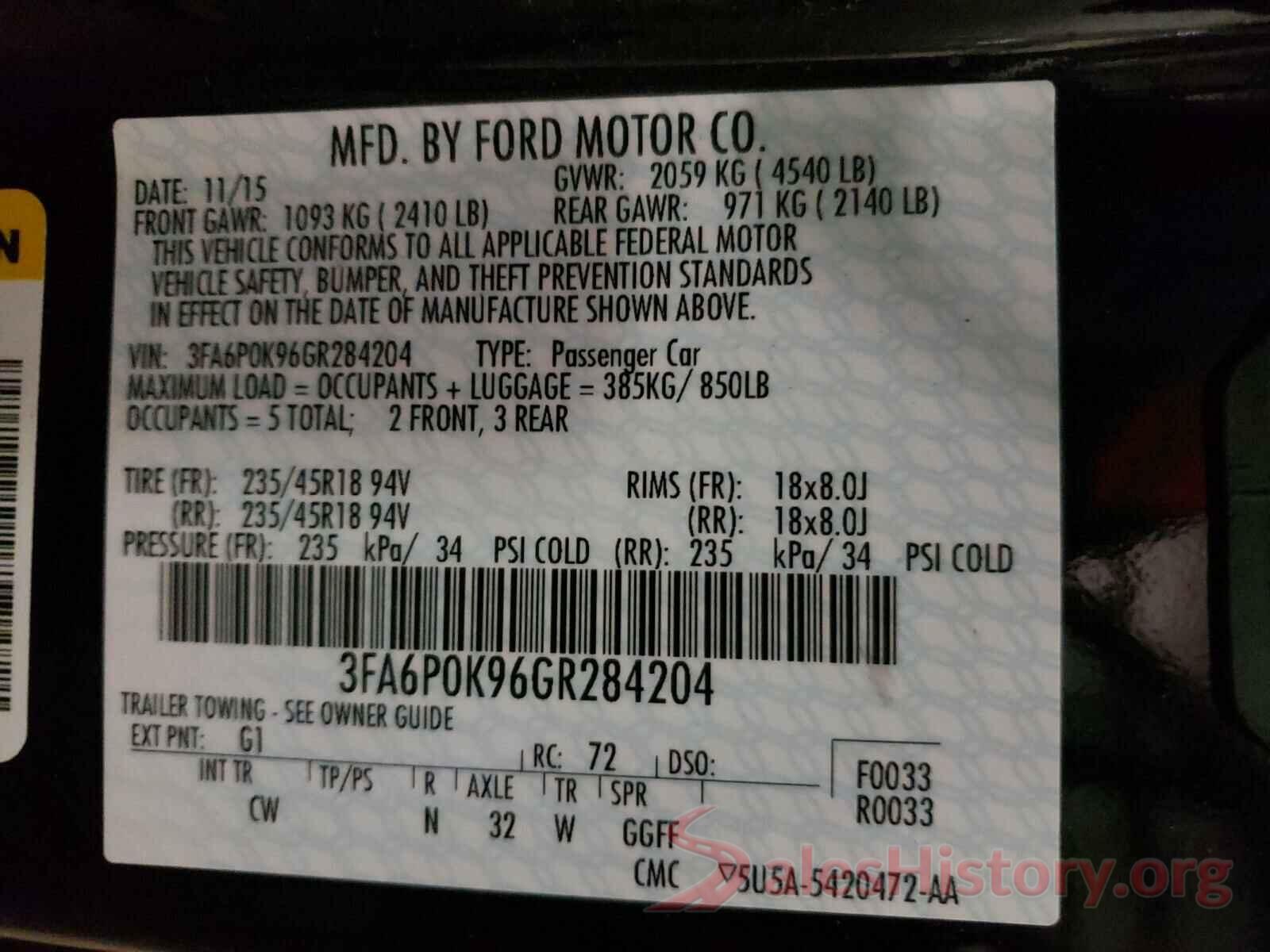 3FA6P0K96GR284204 2016 FORD FUSION