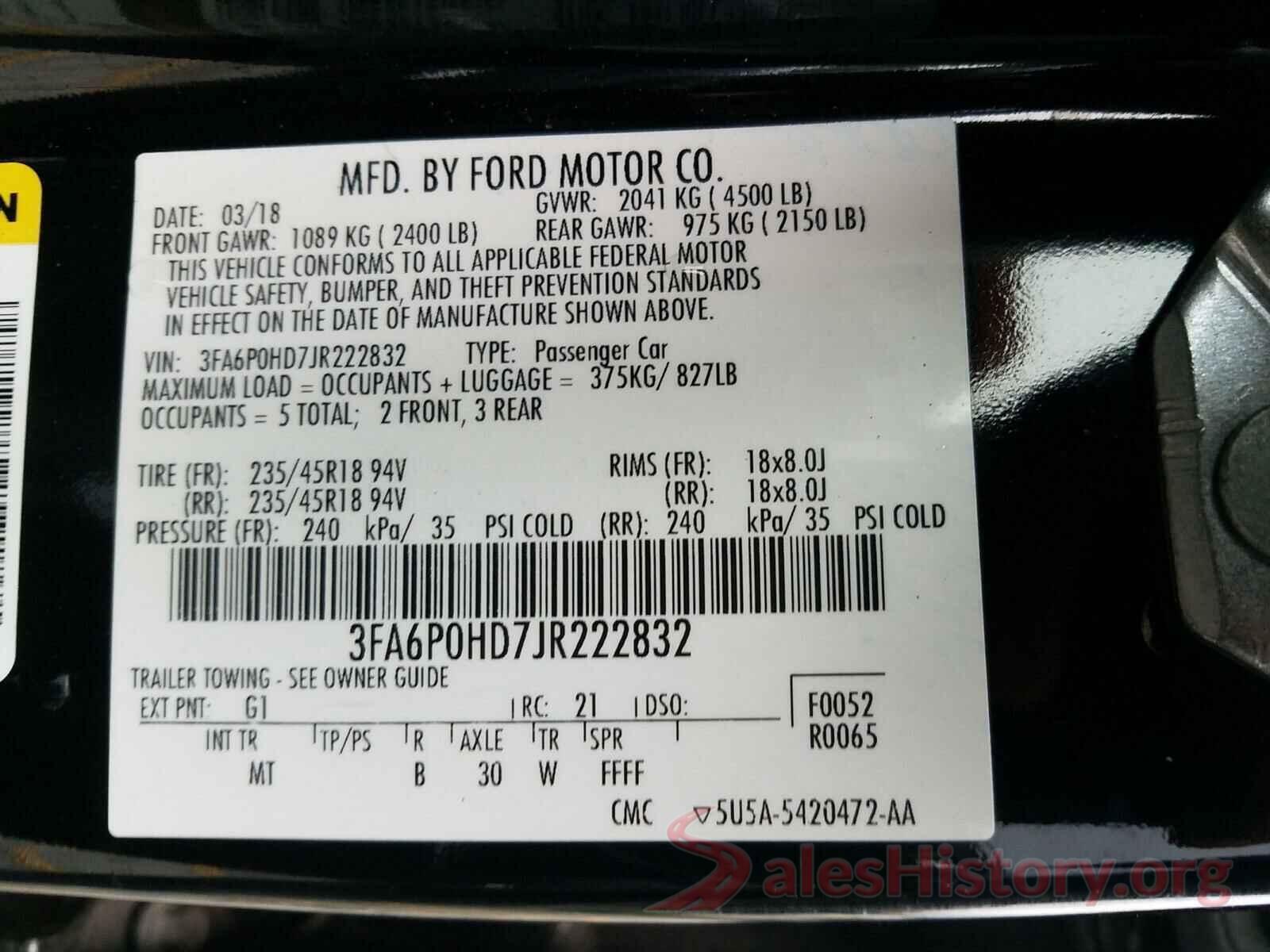 3FA6P0HD7JR222832 2018 FORD FUSION