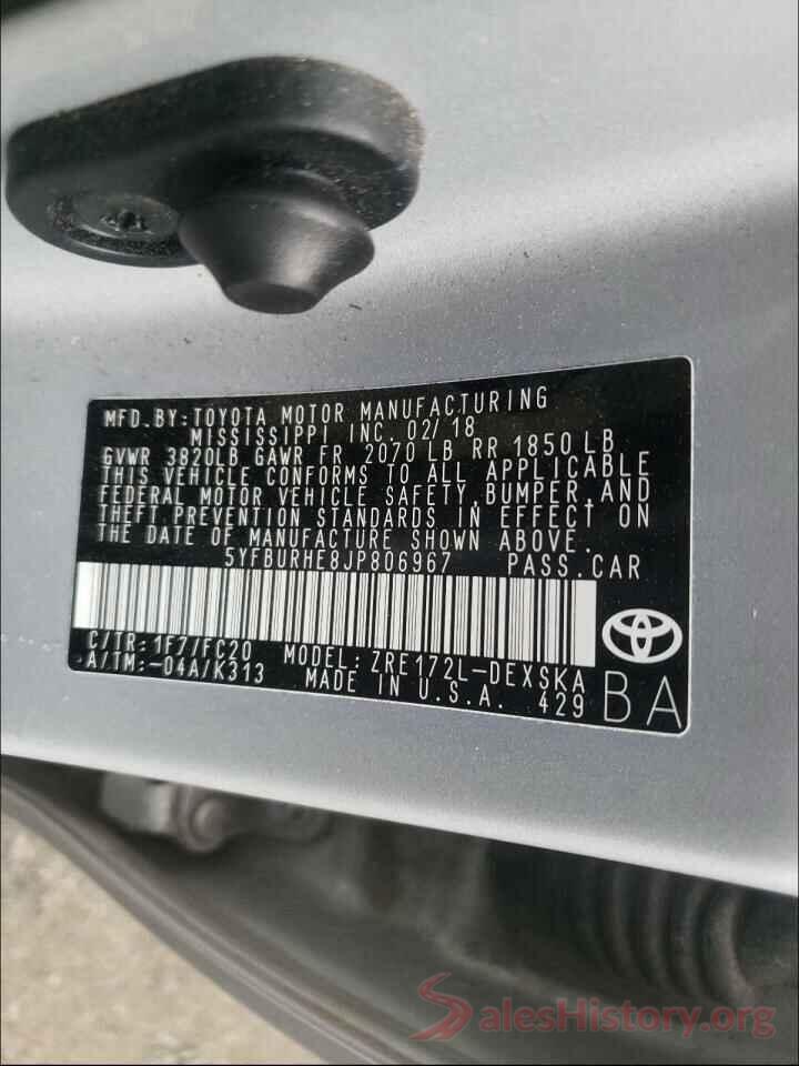 5YFBURHE8JP806967 2018 TOYOTA COROLLA