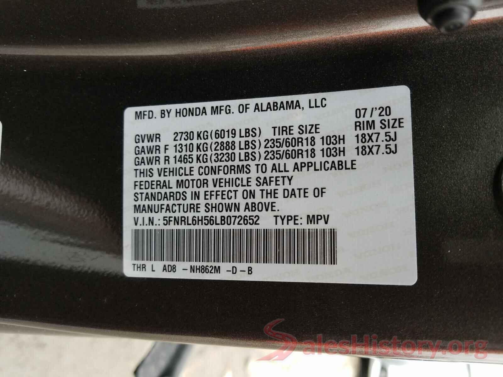 5FNRL6H56LB072652 2020 HONDA ODYSSEY