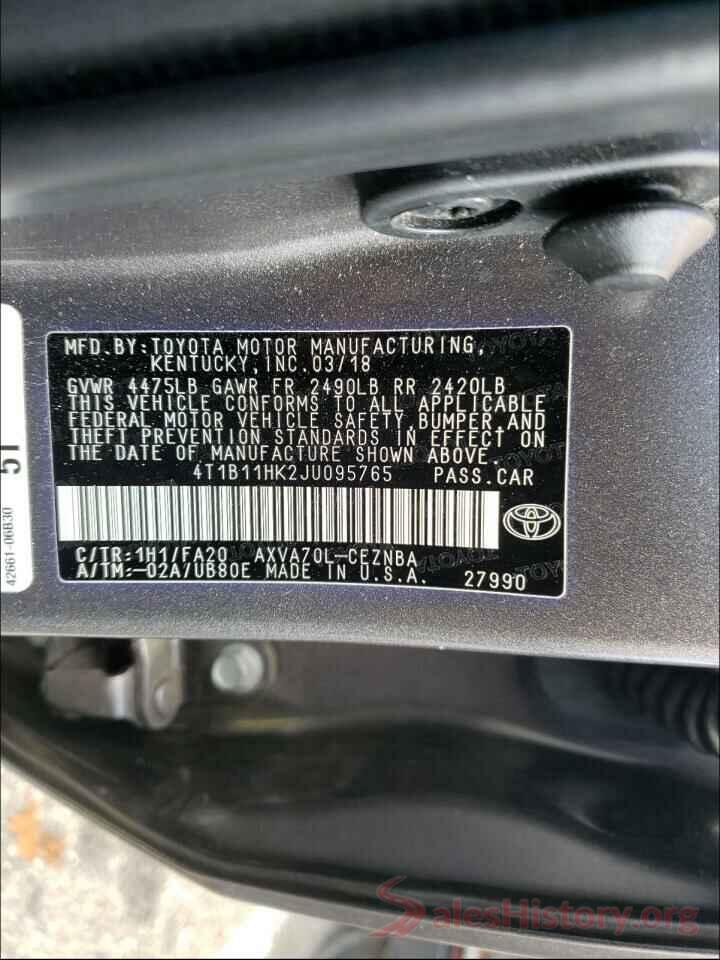 4T1B11HK2JU095765 2018 TOYOTA CAMRY