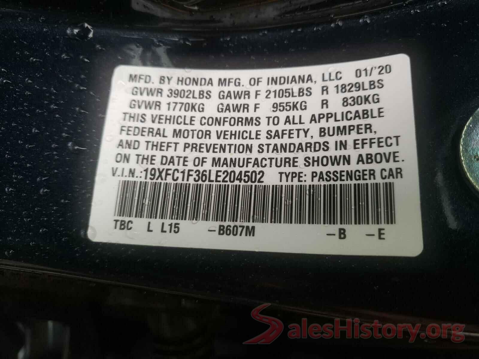 19XFC1F36LE204502 2020 HONDA CIVIC