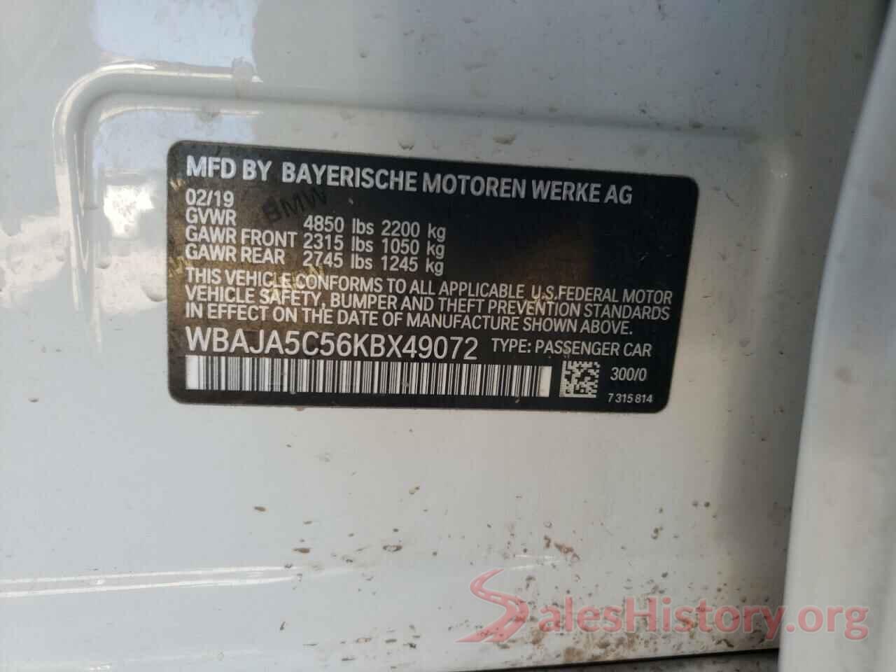 WBAJA5C56KBX49072 2019 BMW 5 SERIES