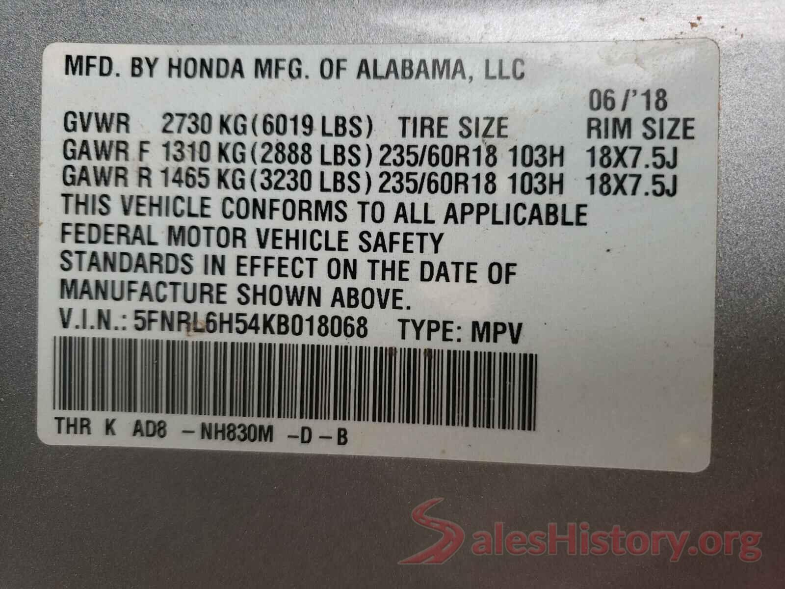 5FNRL6H54KB018068 2019 HONDA ODYSSEY