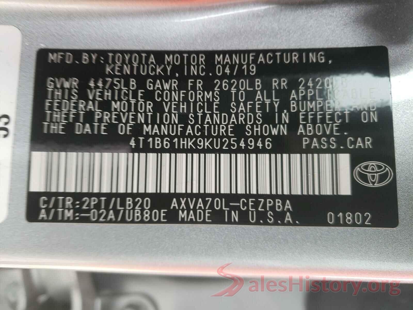 4T1B61HK9KU254946 2019 TOYOTA CAMRY