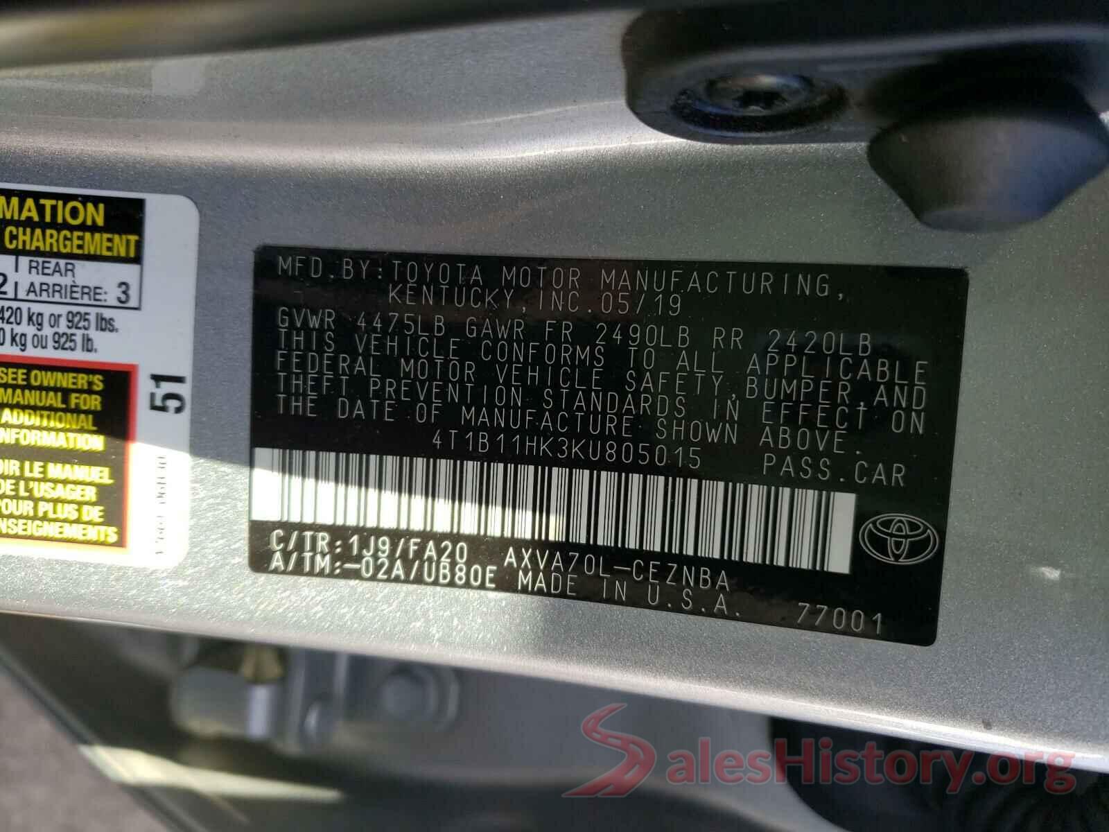 4T1B11HK3KU805015 2019 TOYOTA CAMRY