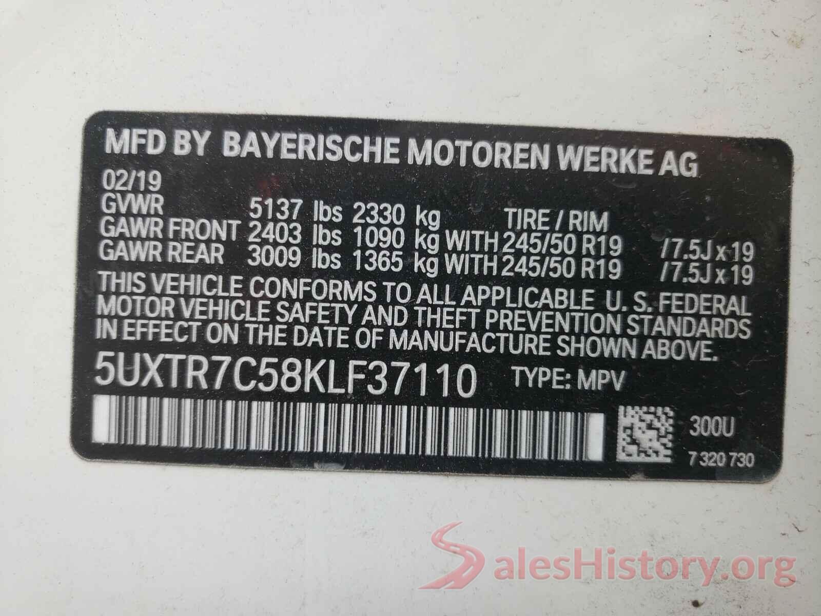 5UXTR7C58KLF37110 2019 BMW X3