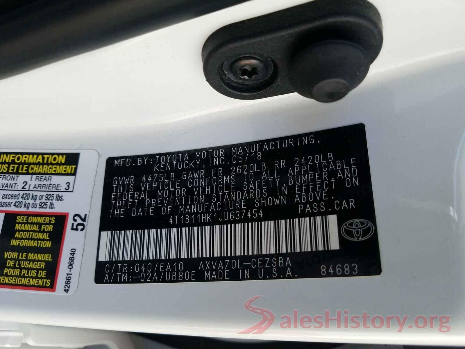 4T1B11HK1JU637454 2018 TOYOTA CAMRY