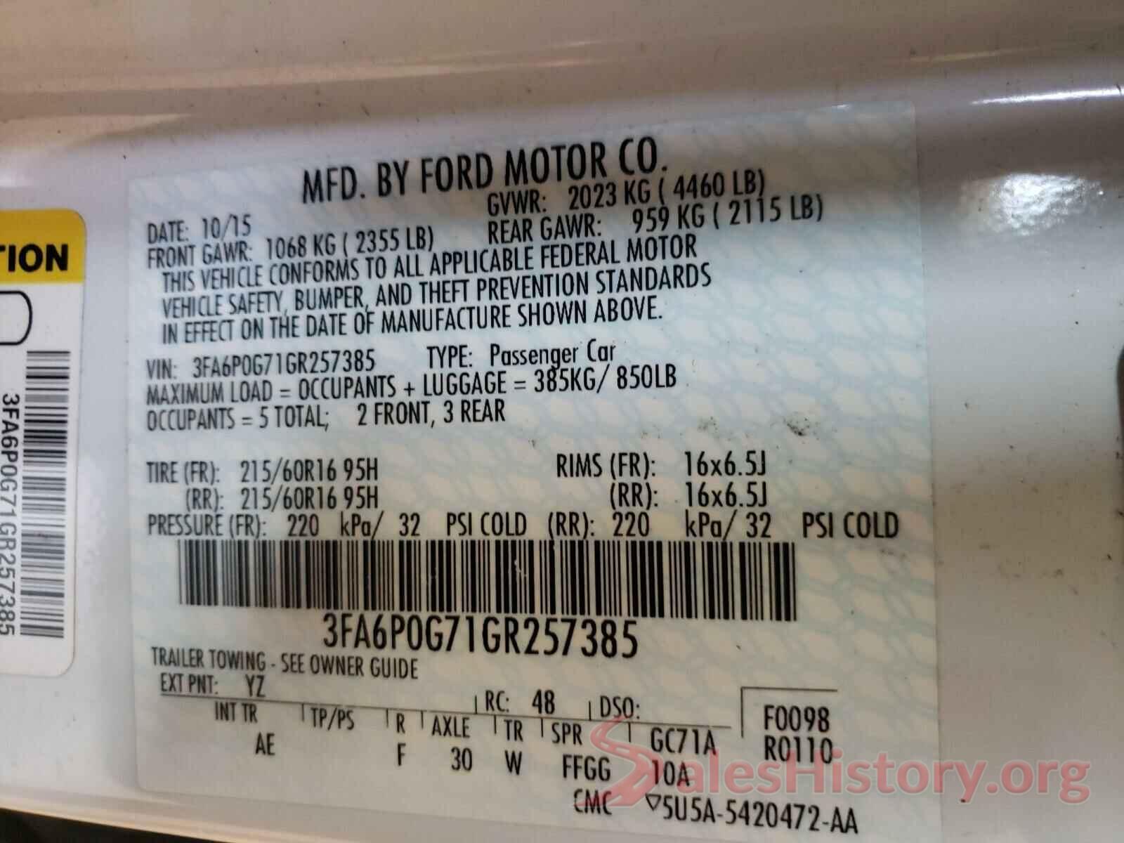 3FA6P0G71GR257385 2016 FORD FUSION