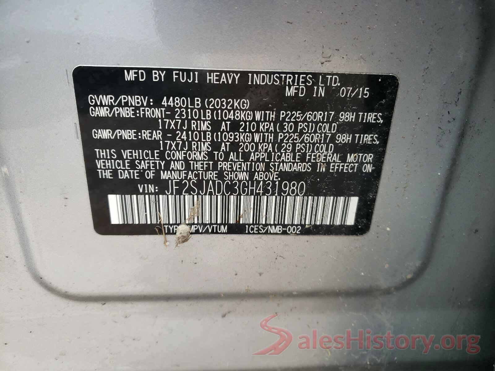 JF2SJADC3GH431980 2016 SUBARU FORESTER