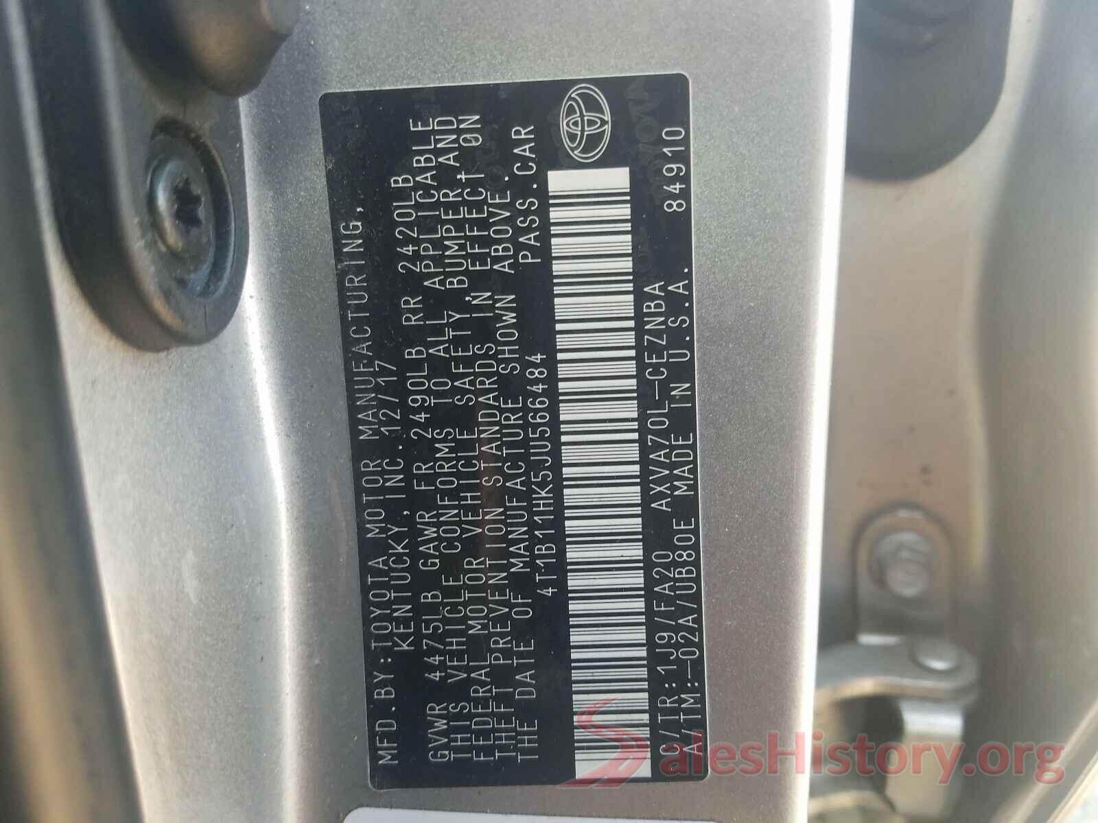 4T1B11HK5JU566484 2018 TOYOTA CAMRY