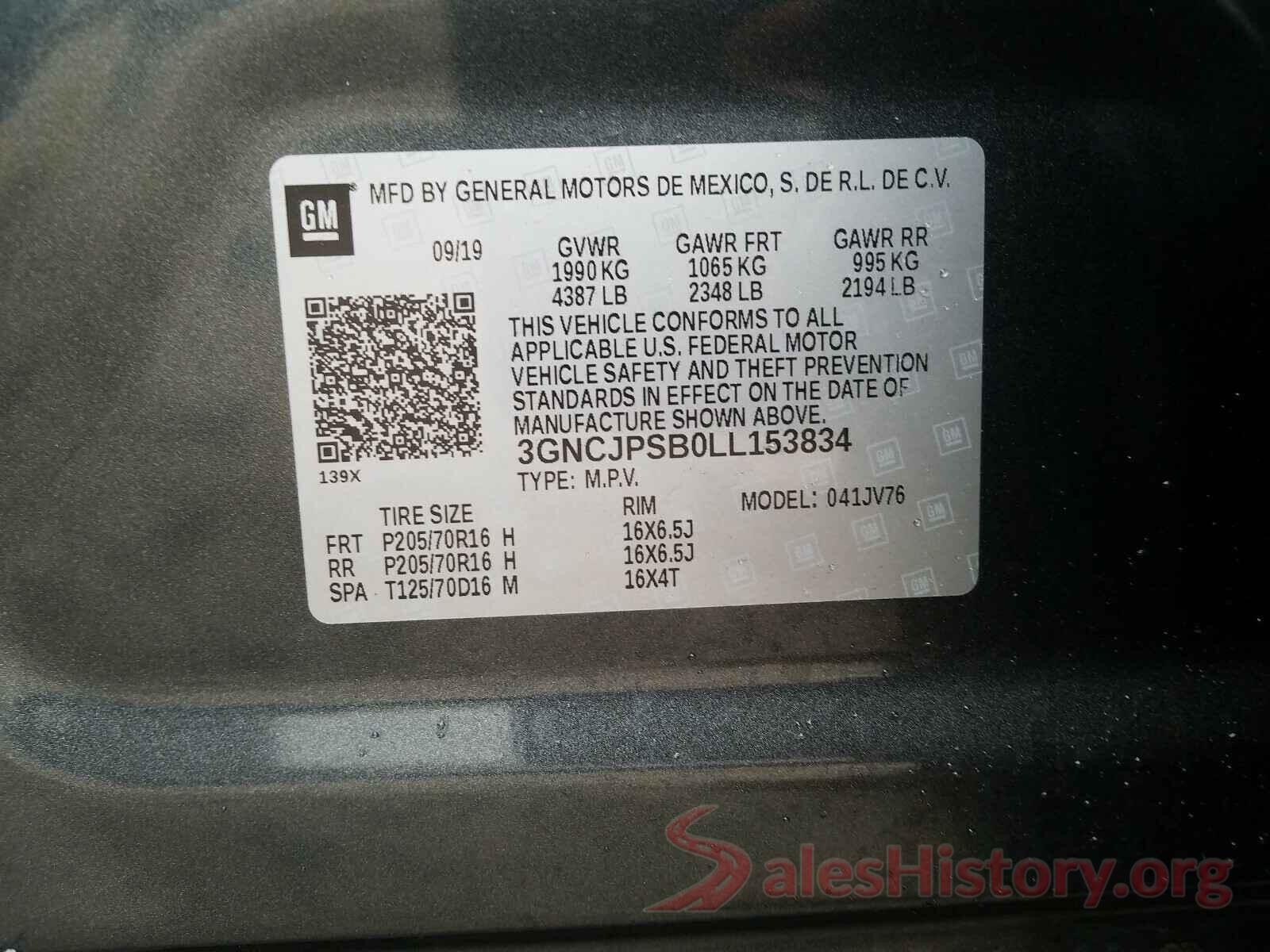 3GNCJPSB0LL153834 2020 CHEVROLET TRAX