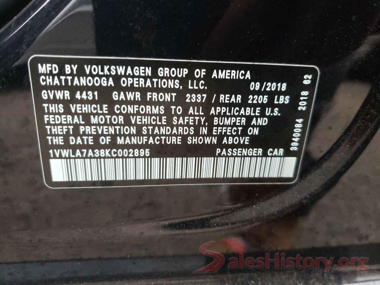 1VWLA7A38KC002895 2019 VOLKSWAGEN PASSAT