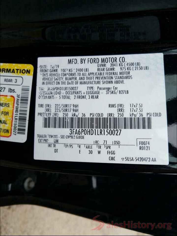 3FA6P0HD1LR150027 2020 FORD FUSION