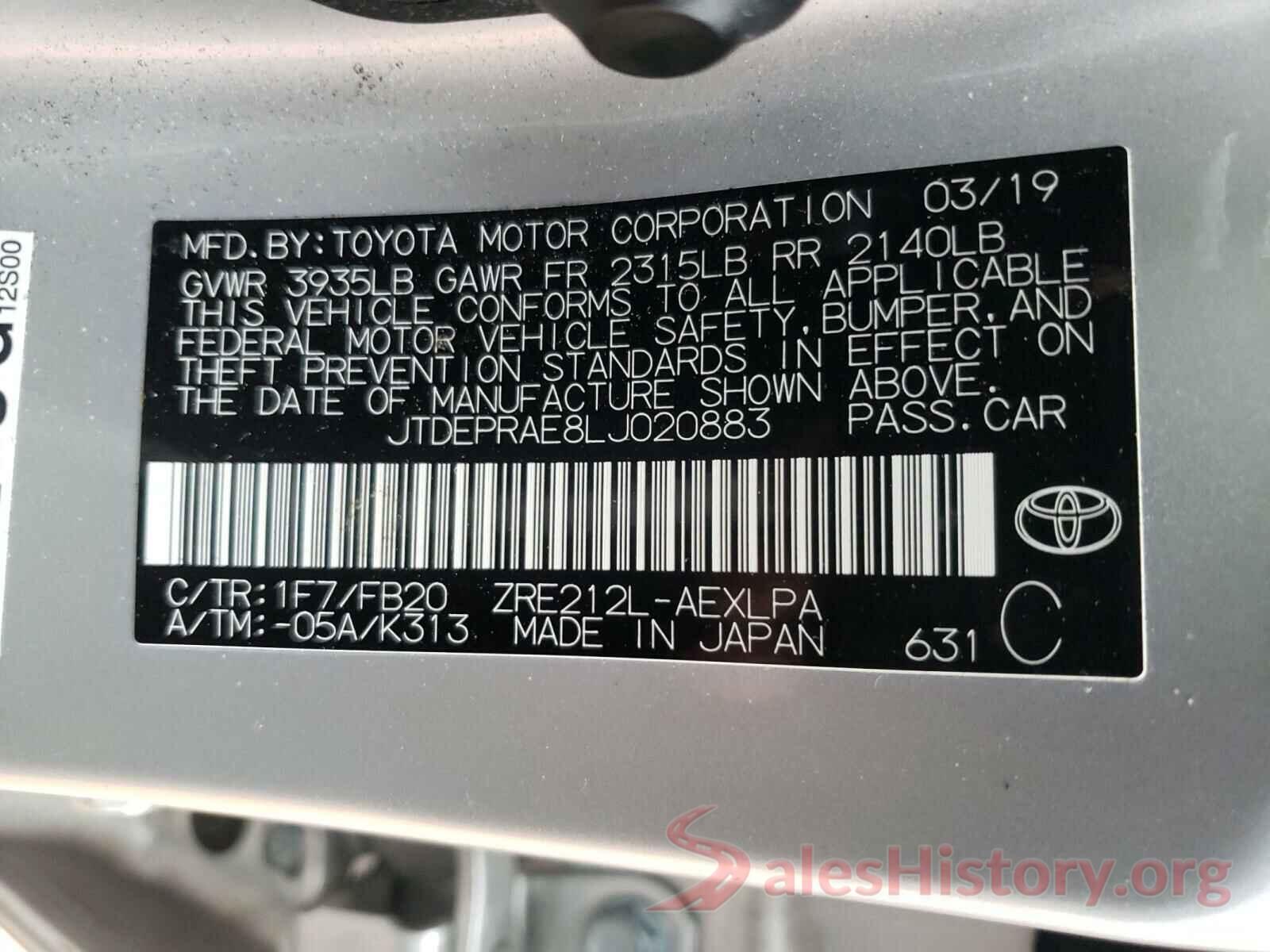 JTDEPRAE8LJ020883 2020 TOYOTA COROLLA