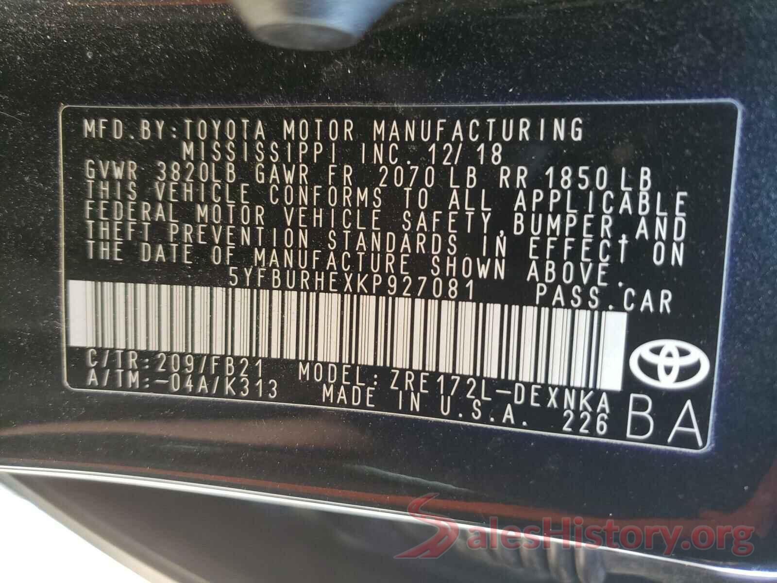 5YFBURHEXKP927081 2019 TOYOTA COROLLA