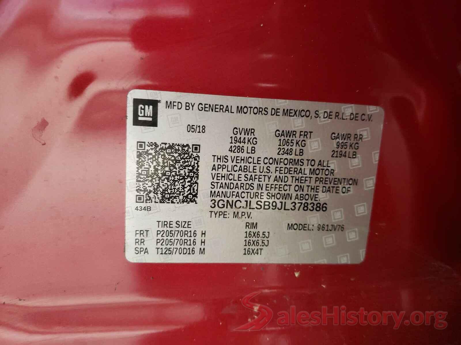 3GNCJLSB9JL378386 2018 CHEVROLET TRAX