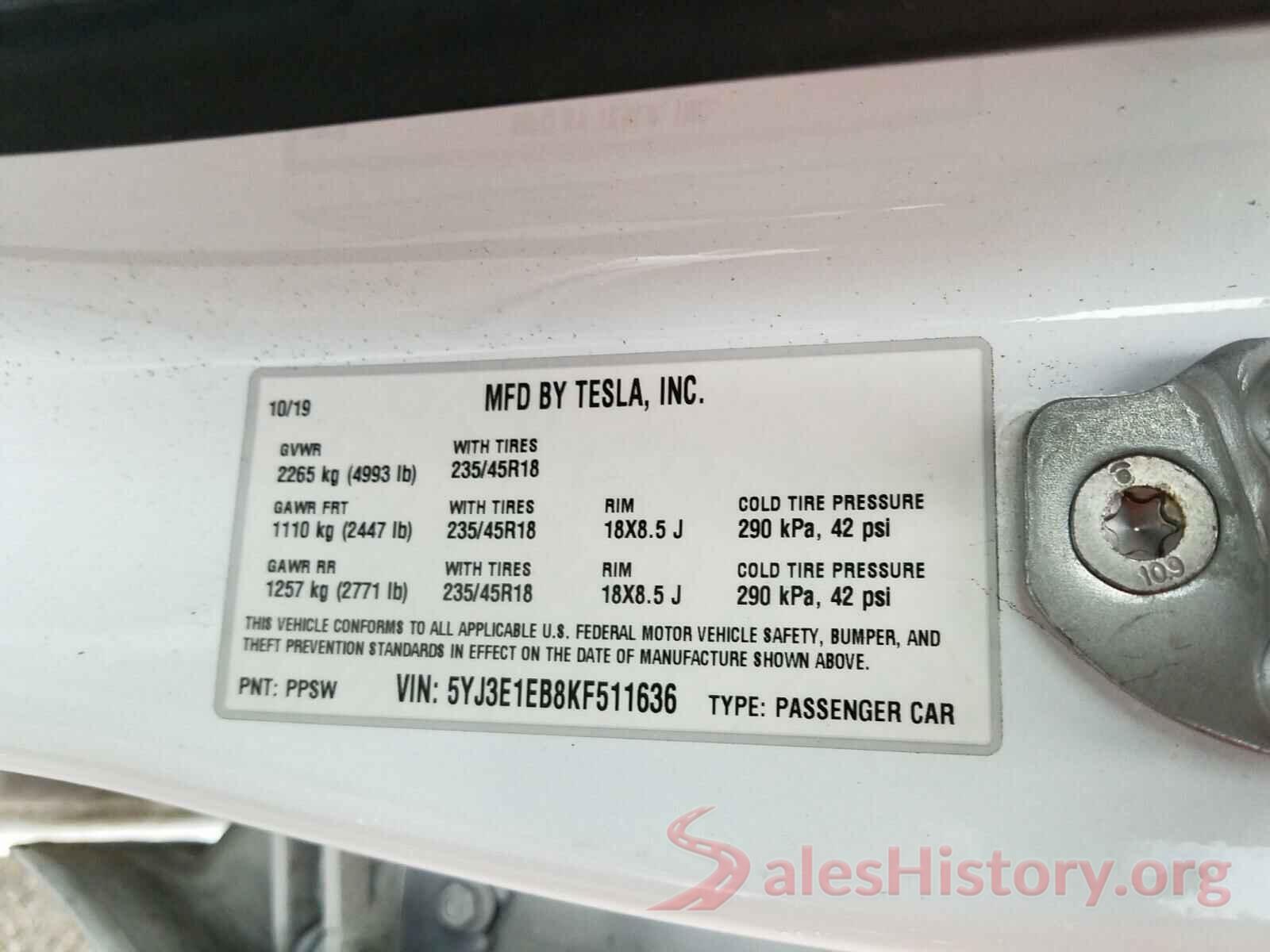 5YJ3E1EB8KF511636 2019 TESLA MODEL 3