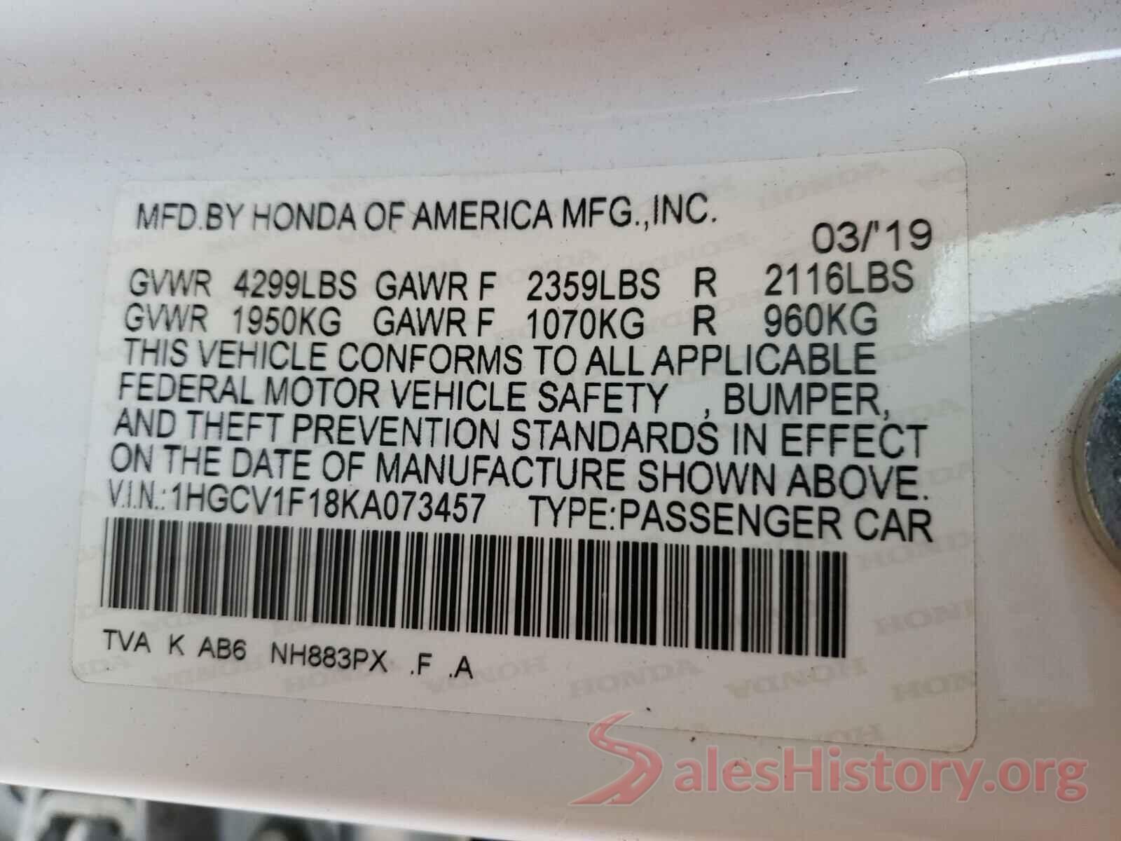 1HGCV1F18KA073457 2019 HONDA ACCORD