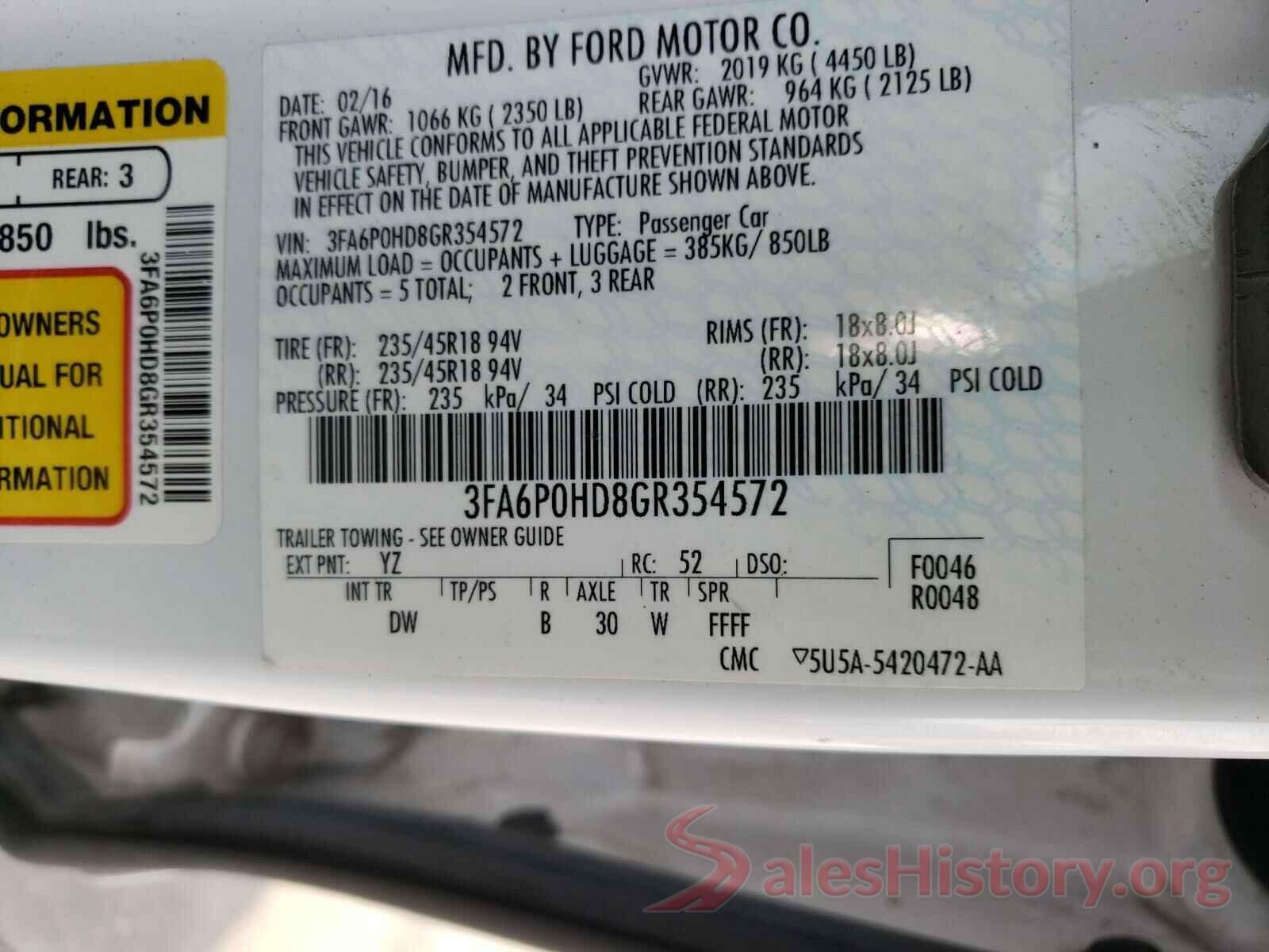 3FA6P0HD8GR354572 2016 FORD FUSION