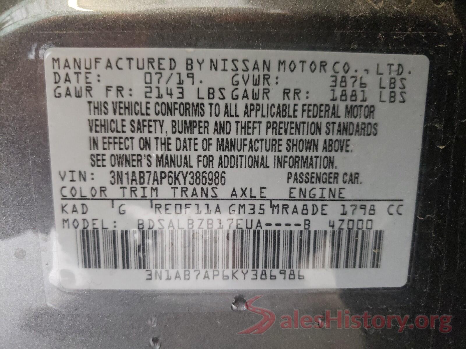 3N1AB7AP6KY386986 2019 NISSAN SENTRA