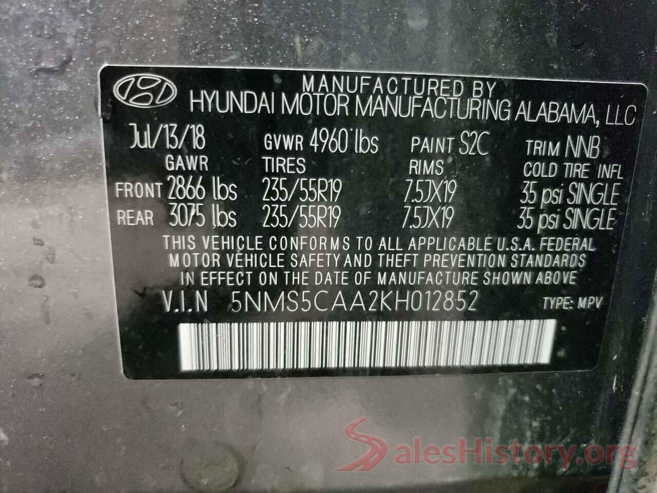 5NMS5CAA2KH012852 2019 HYUNDAI SANTA FE