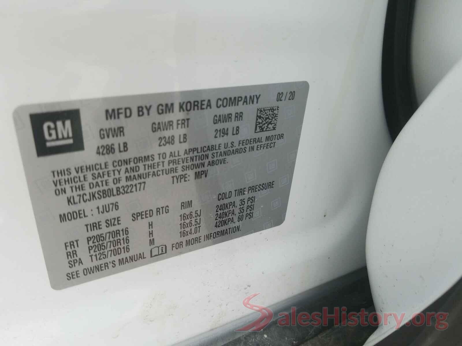 KL7CJKSB0LB322177 2020 CHEVROLET TRAX