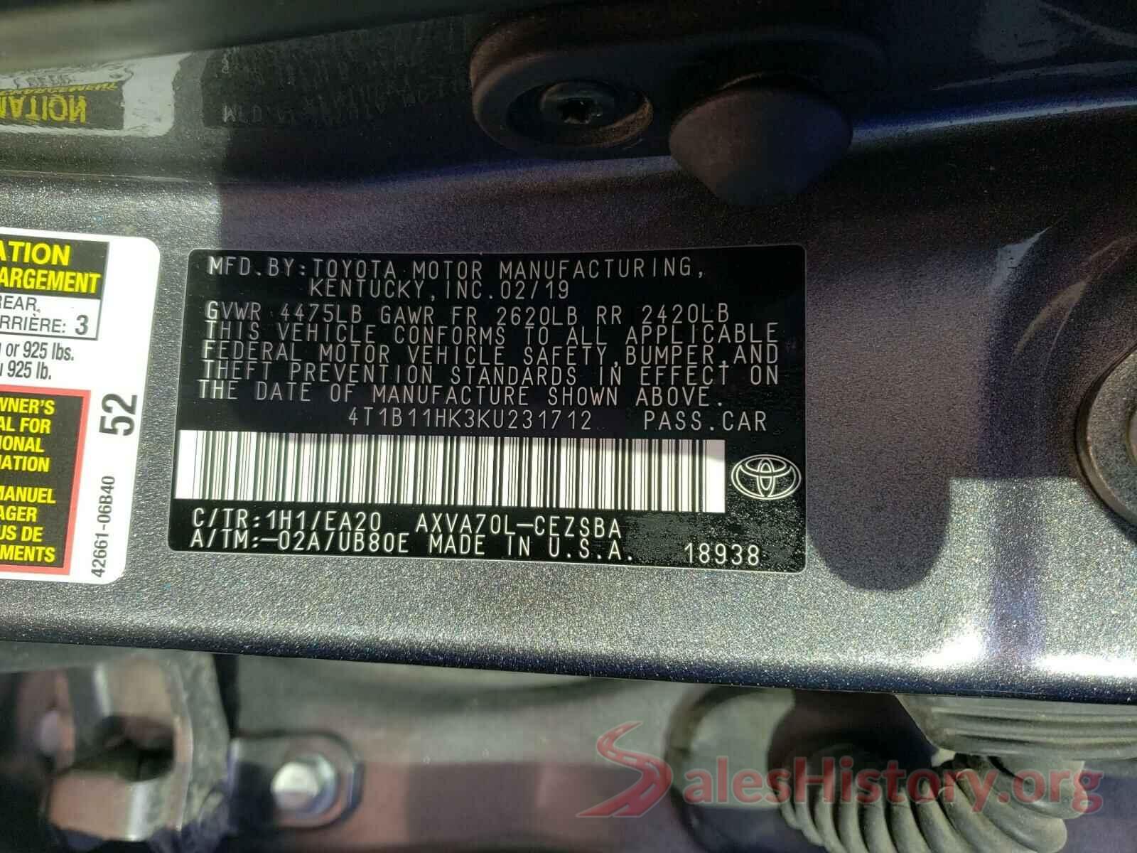 4T1B11HK3KU231712 2019 TOYOTA CAMRY