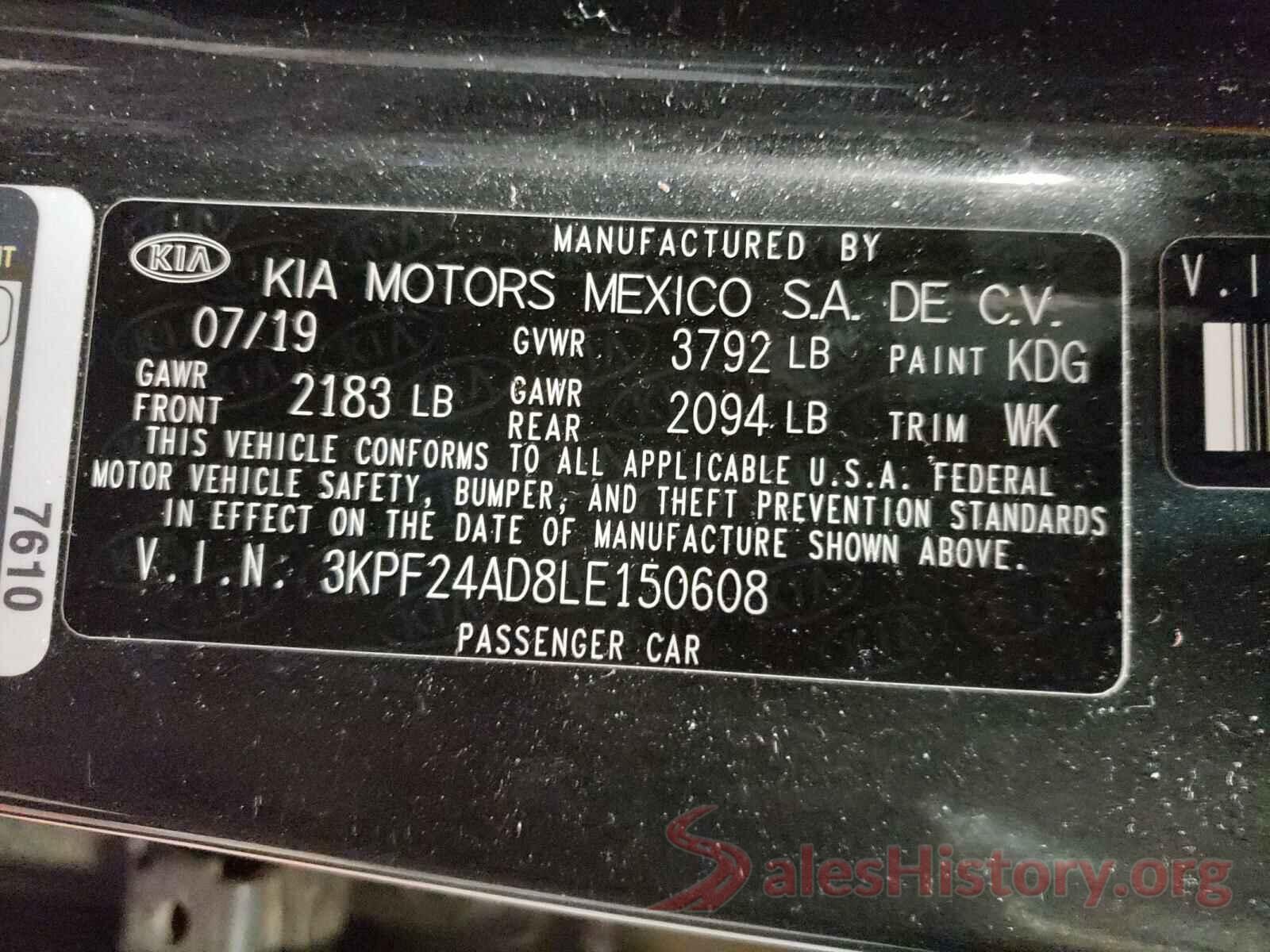 3KPF24AD8LE150608 2020 KIA FORTE