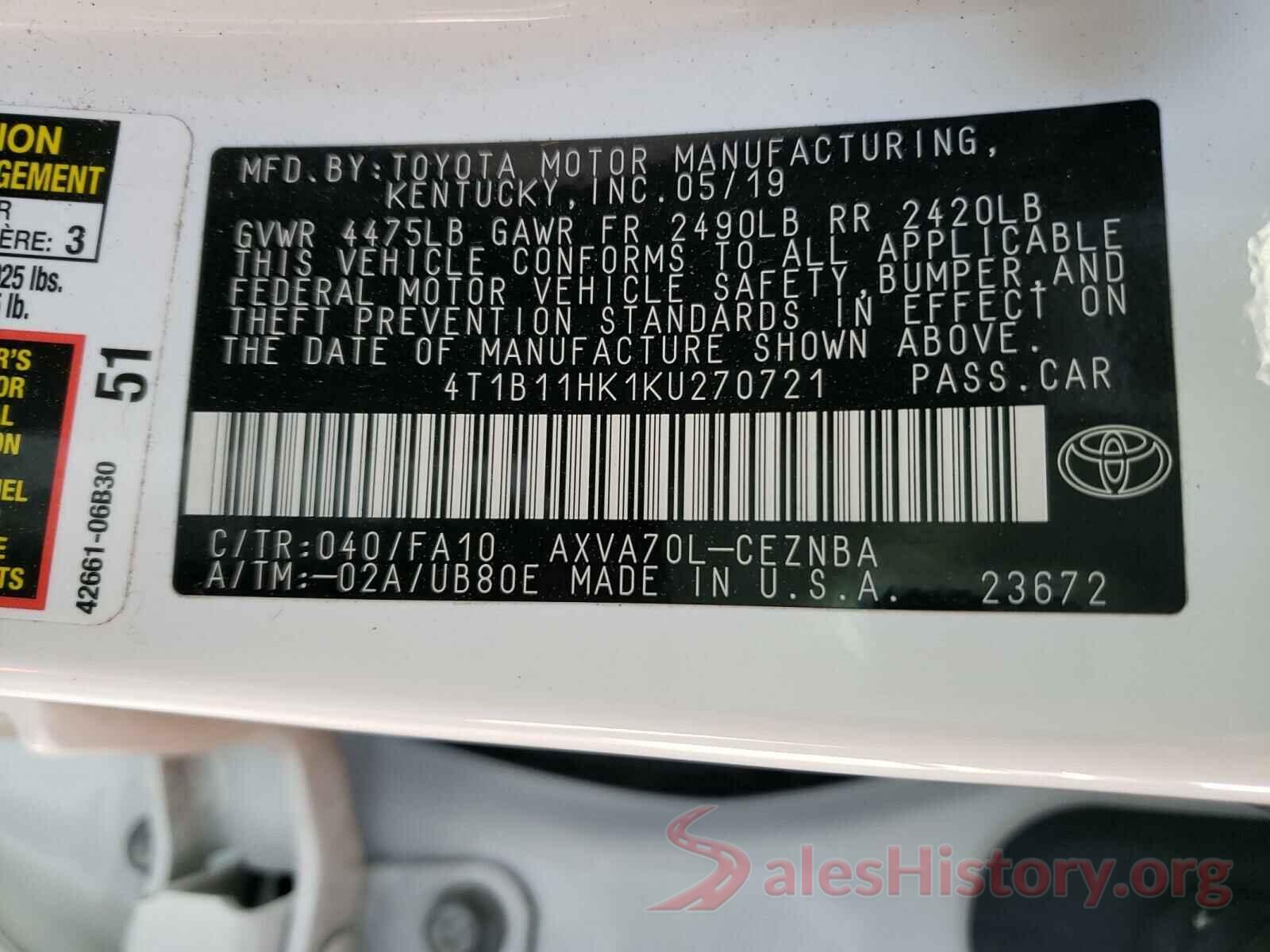 4T1B11HK1KU270721 2019 TOYOTA CAMRY