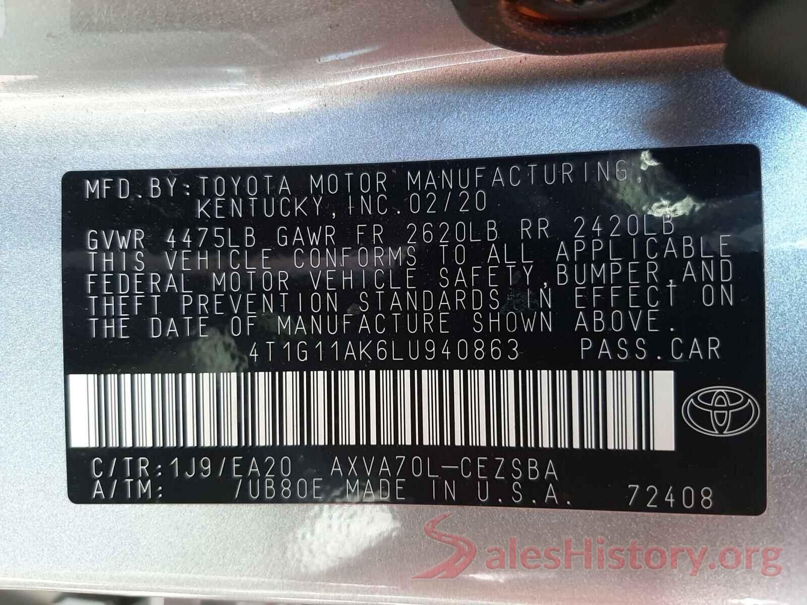 4T1G11AK6LU940863 2020 TOYOTA CAMRY