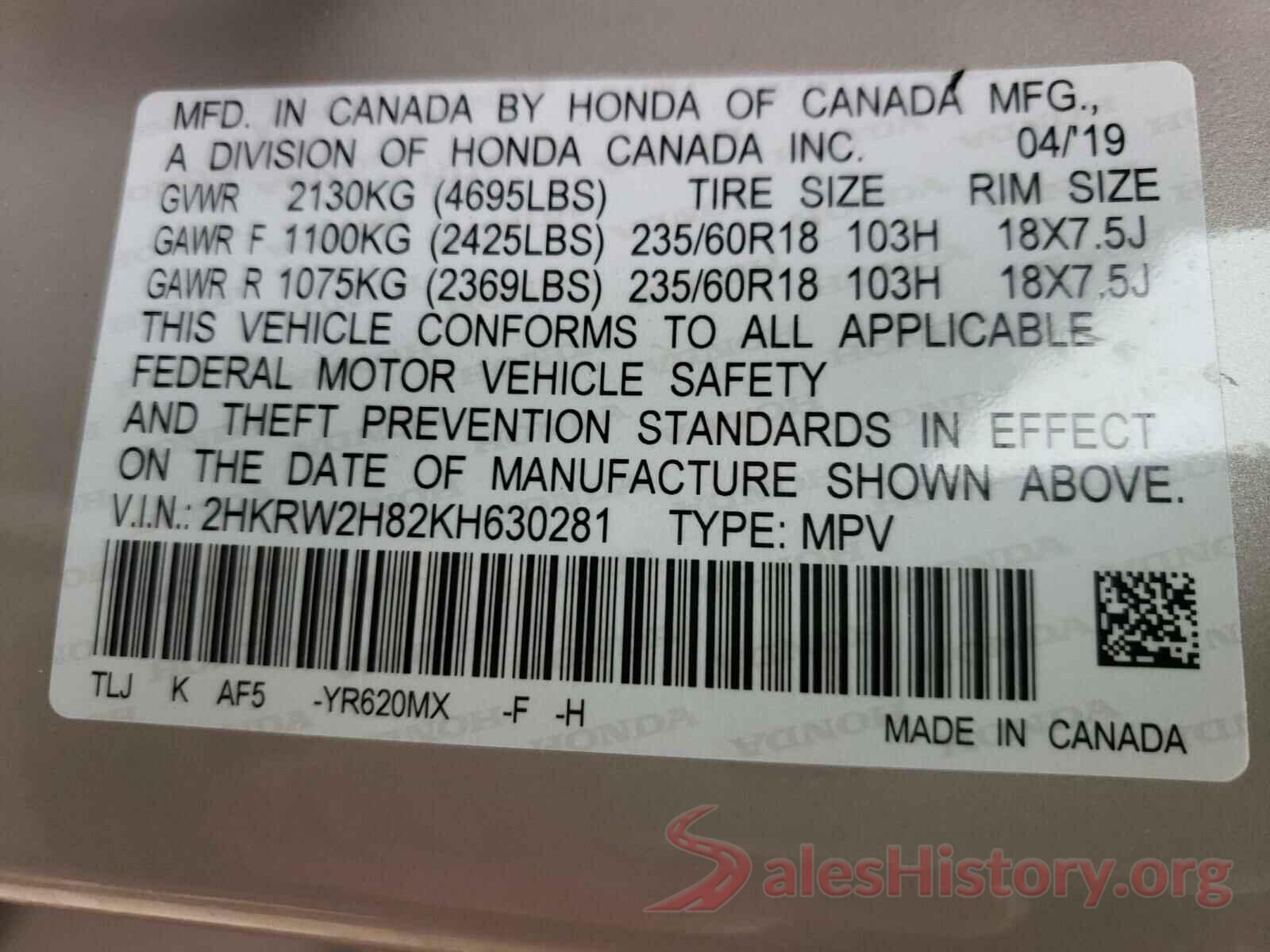 2HKRW2H82KH630281 2019 HONDA CRV