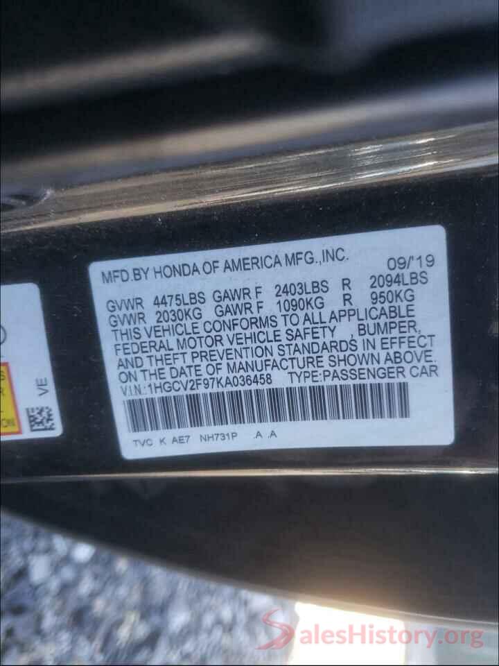 1HGCV2F97KA036458 2019 HONDA ACCORD