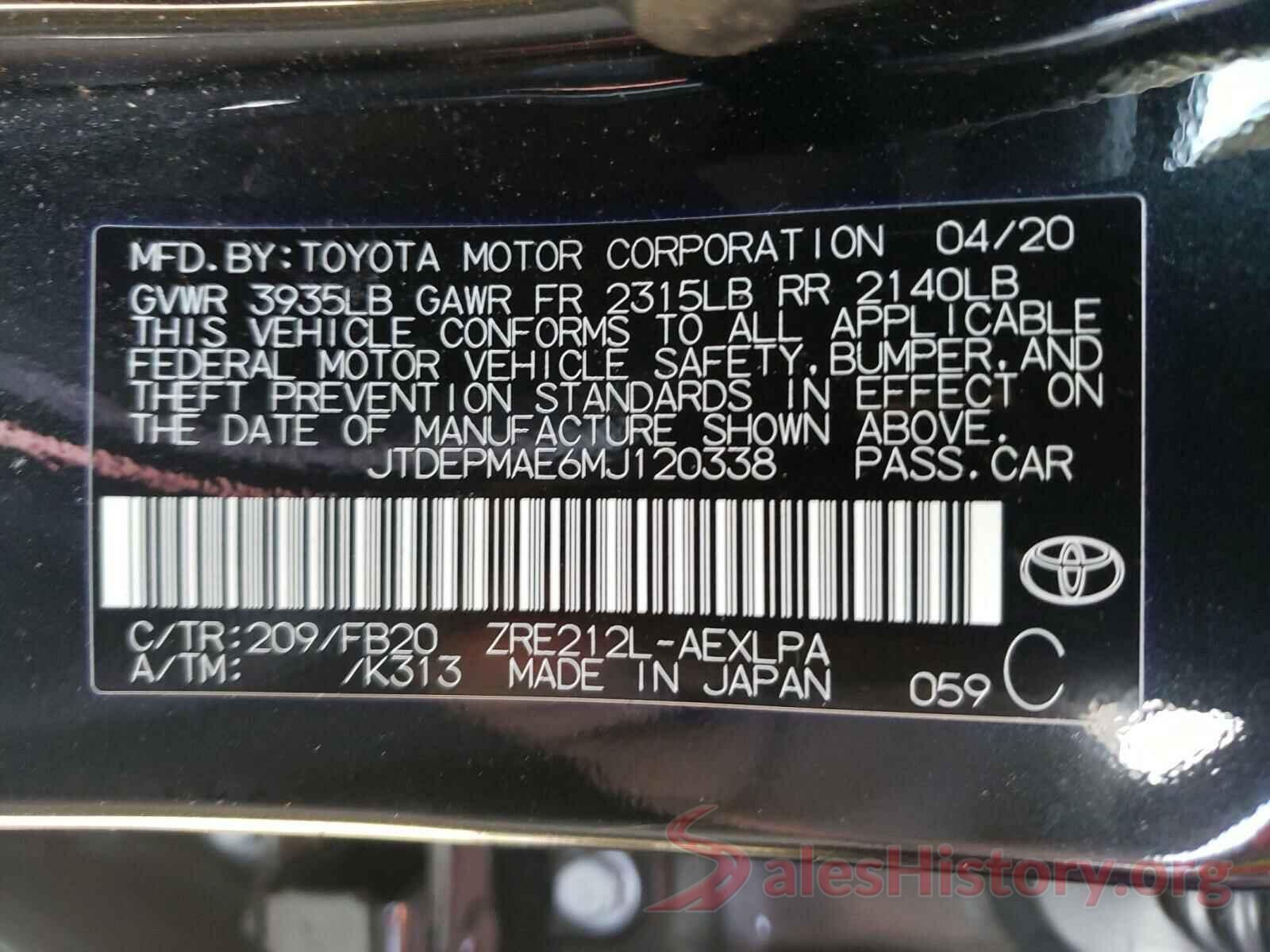 JTDEPMAE6MJ120338 2021 TOYOTA COROLLA