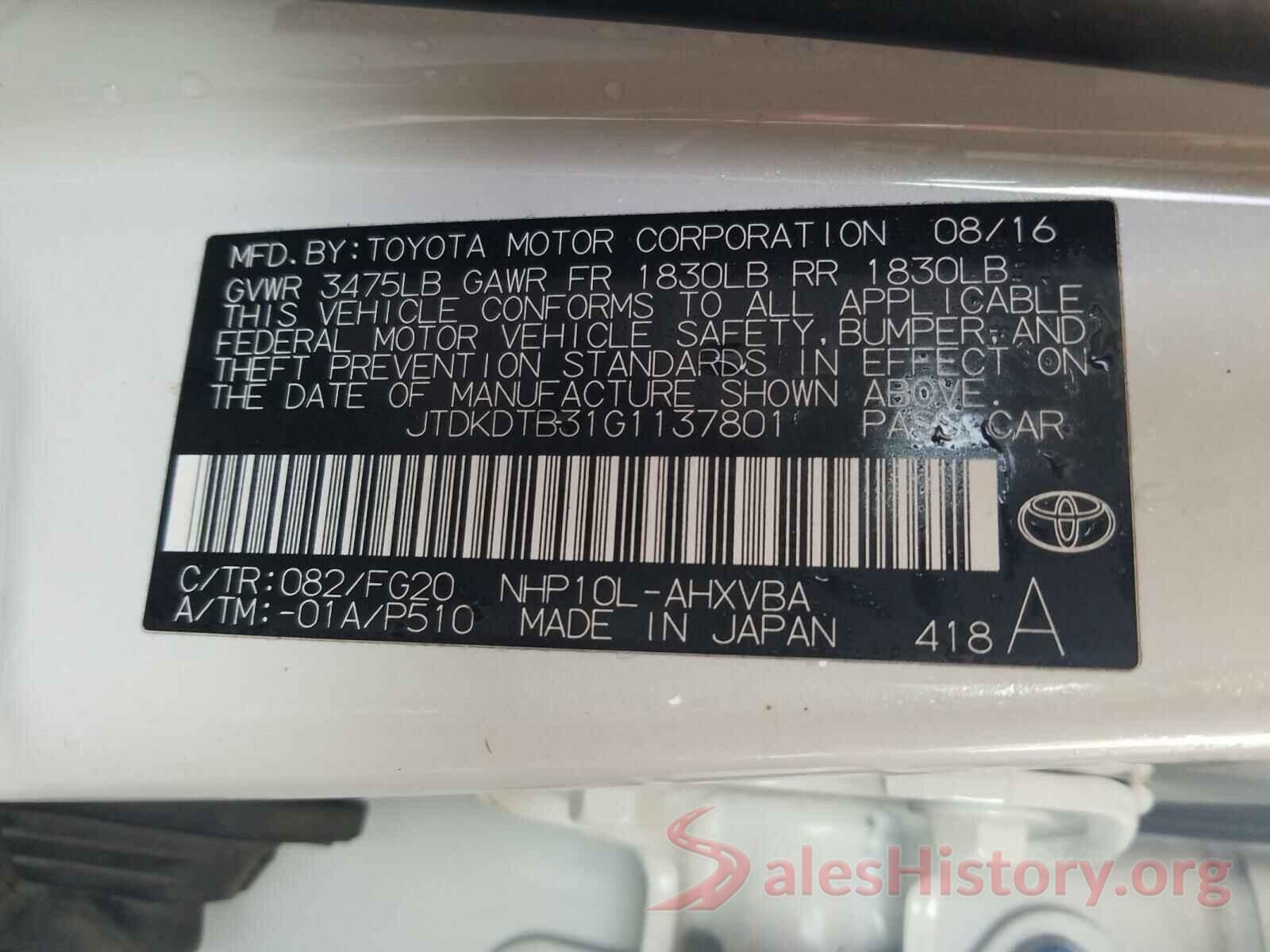 JTDKDTB31G1137801 2016 TOYOTA PRIUS