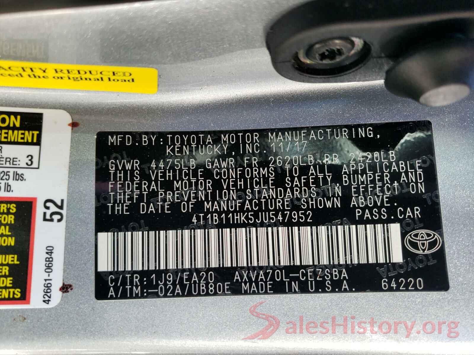 4T1B11HK5JU547952 2018 TOYOTA CAMRY