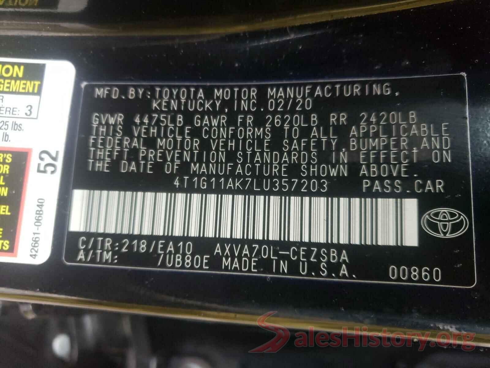 4T1G11AK7LU357203 2020 TOYOTA CAMRY