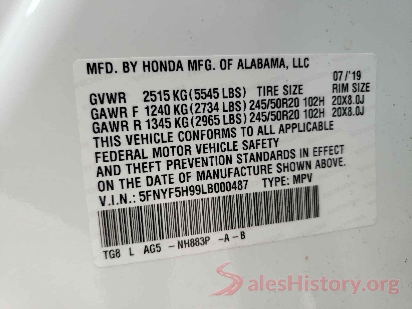 5FNYF5H99LB000487 2020 HONDA PILOT