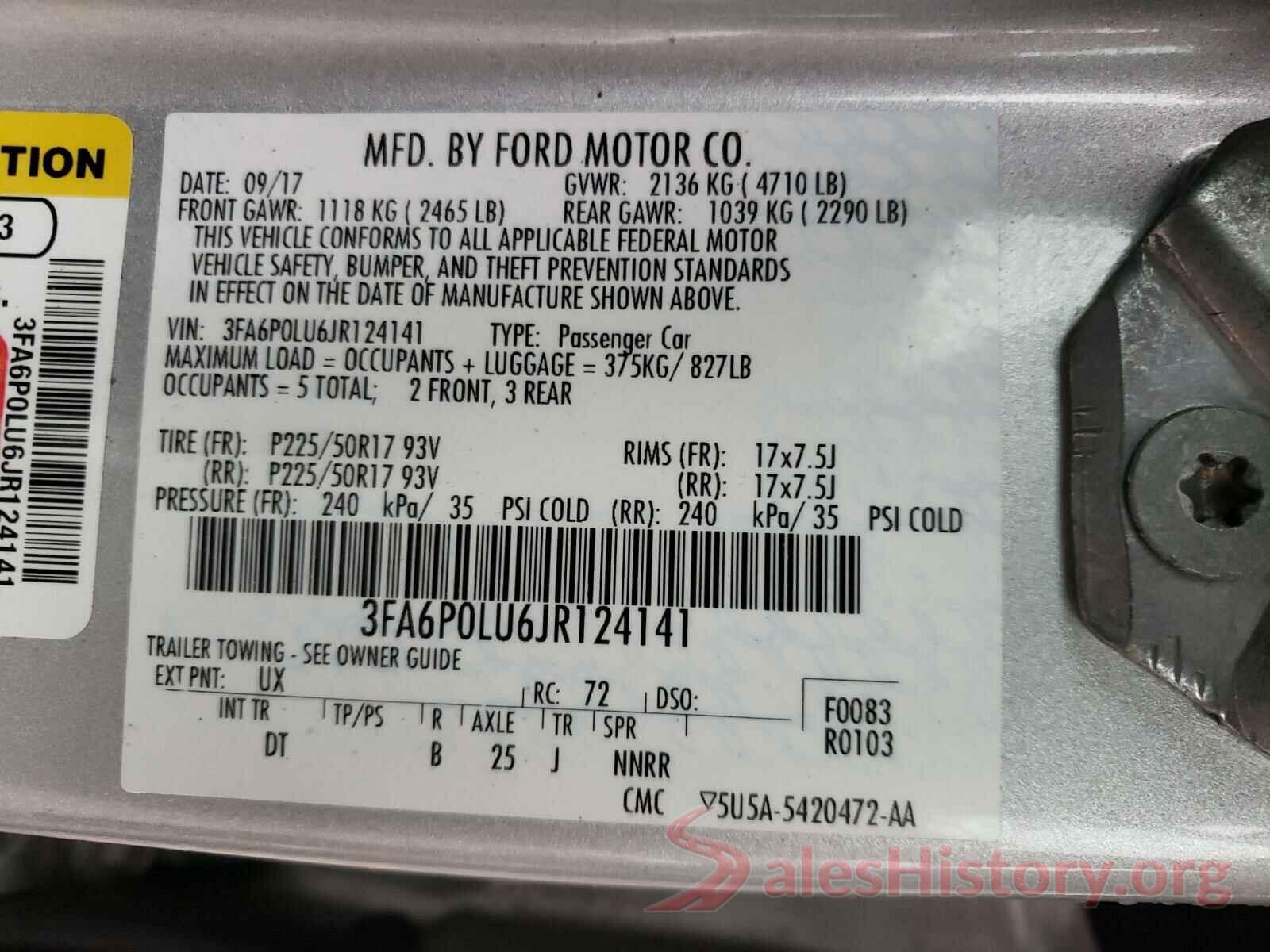 3FA6P0LU6JR124141 2018 FORD FUSION