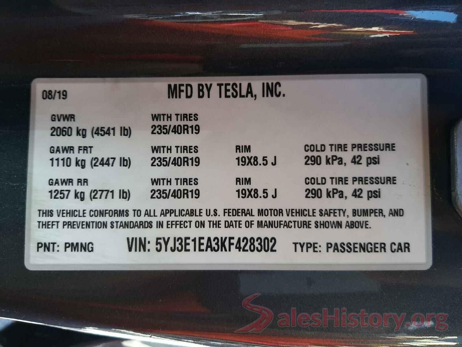 5YJ3E1EA3KF428302 2019 TESLA MODEL 3