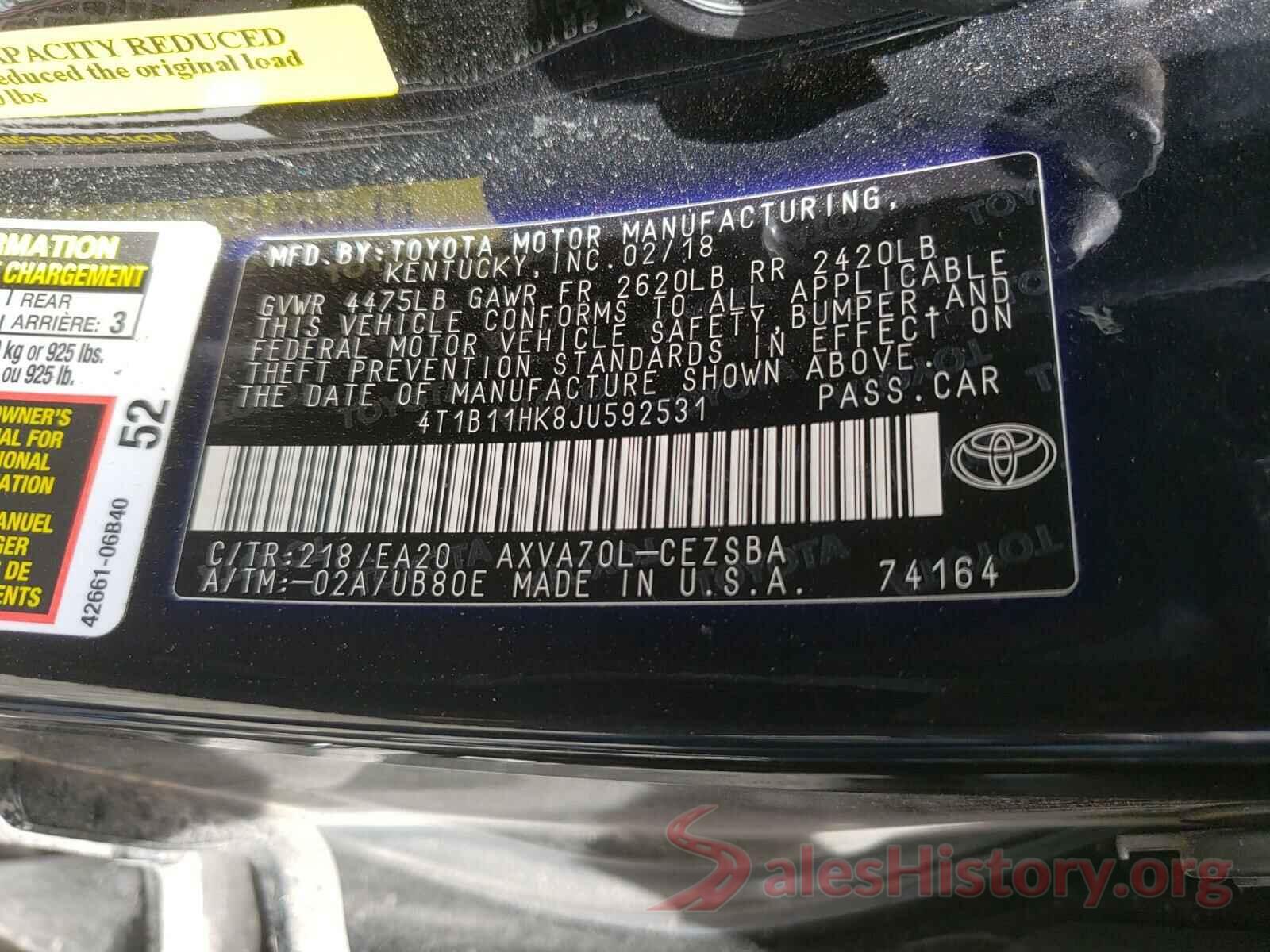 4T1B11HK8JU592531 2018 TOYOTA CAMRY