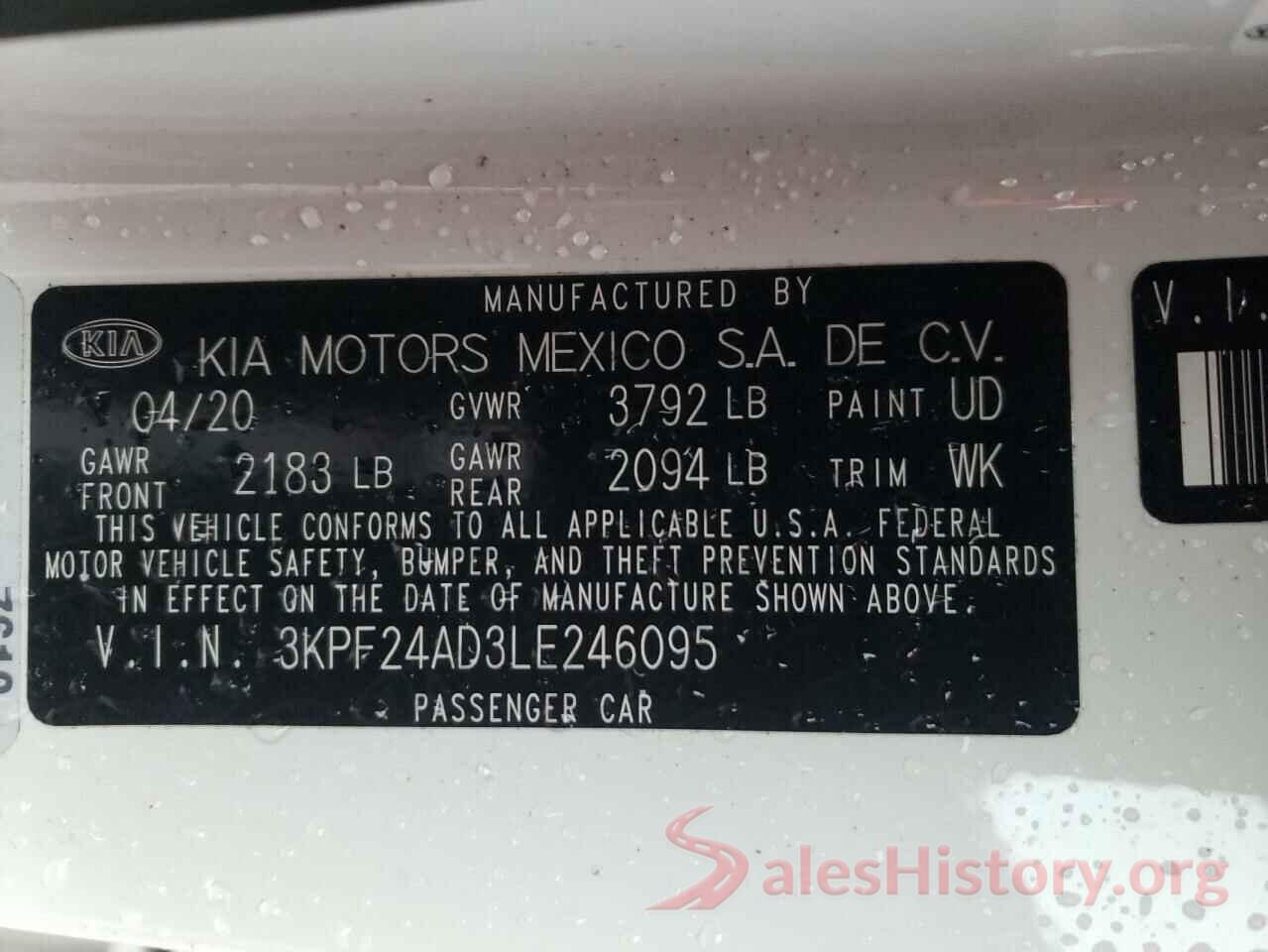 3KPF24AD3LE246095 2020 KIA FORTE