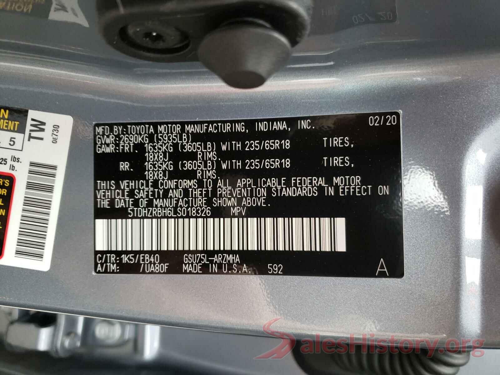 5TDHZRBH6LS018326 2020 TOYOTA HIGHLANDER