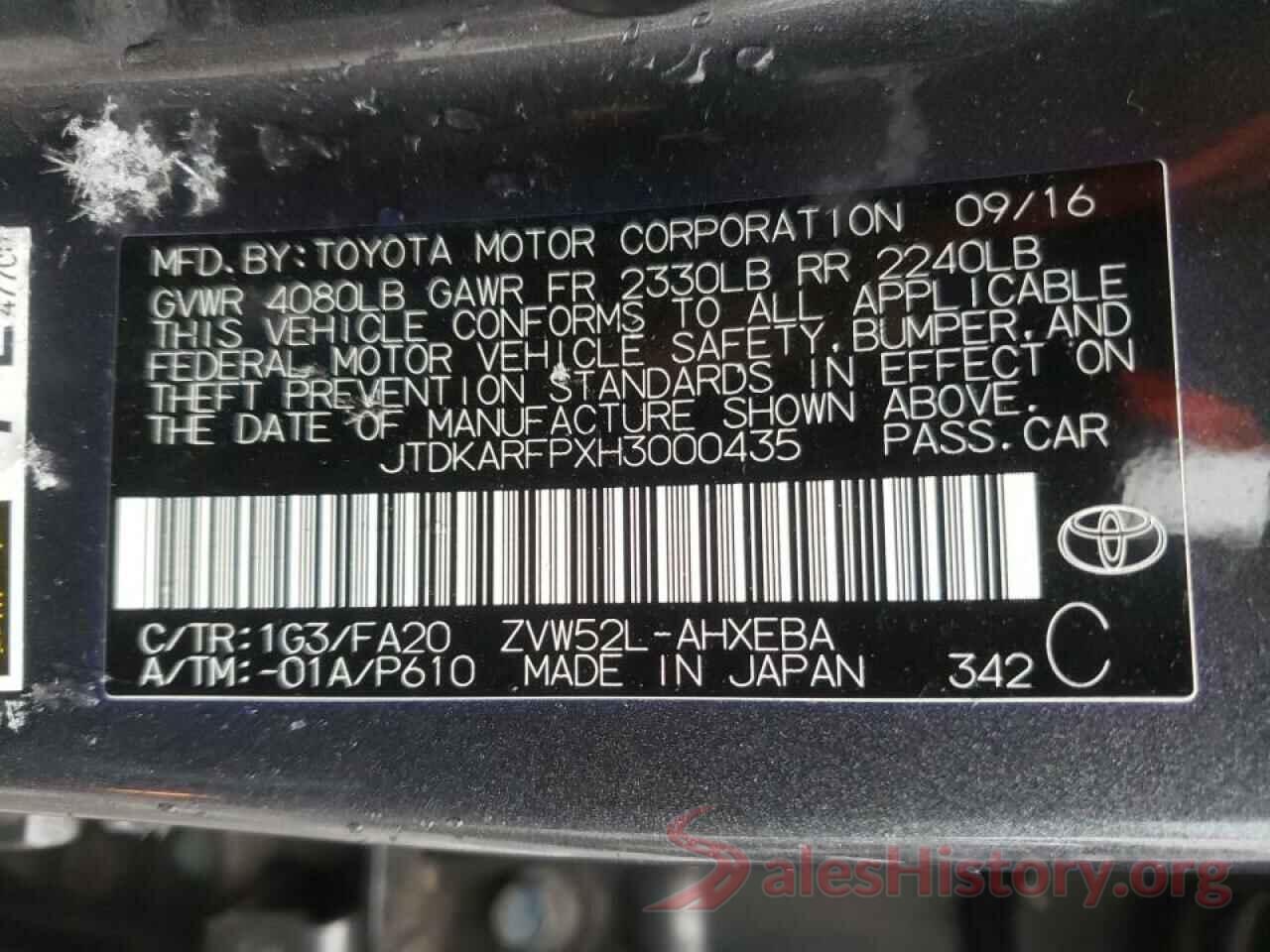 JTDKARFPXH3000435 2017 TOYOTA PRIUS