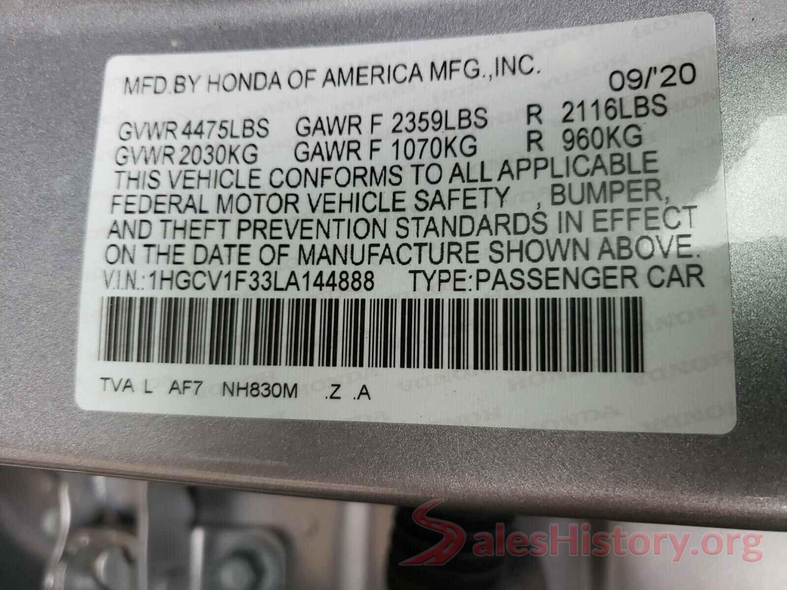 1HGCV1F33LA144888 2020 HONDA ACCORD