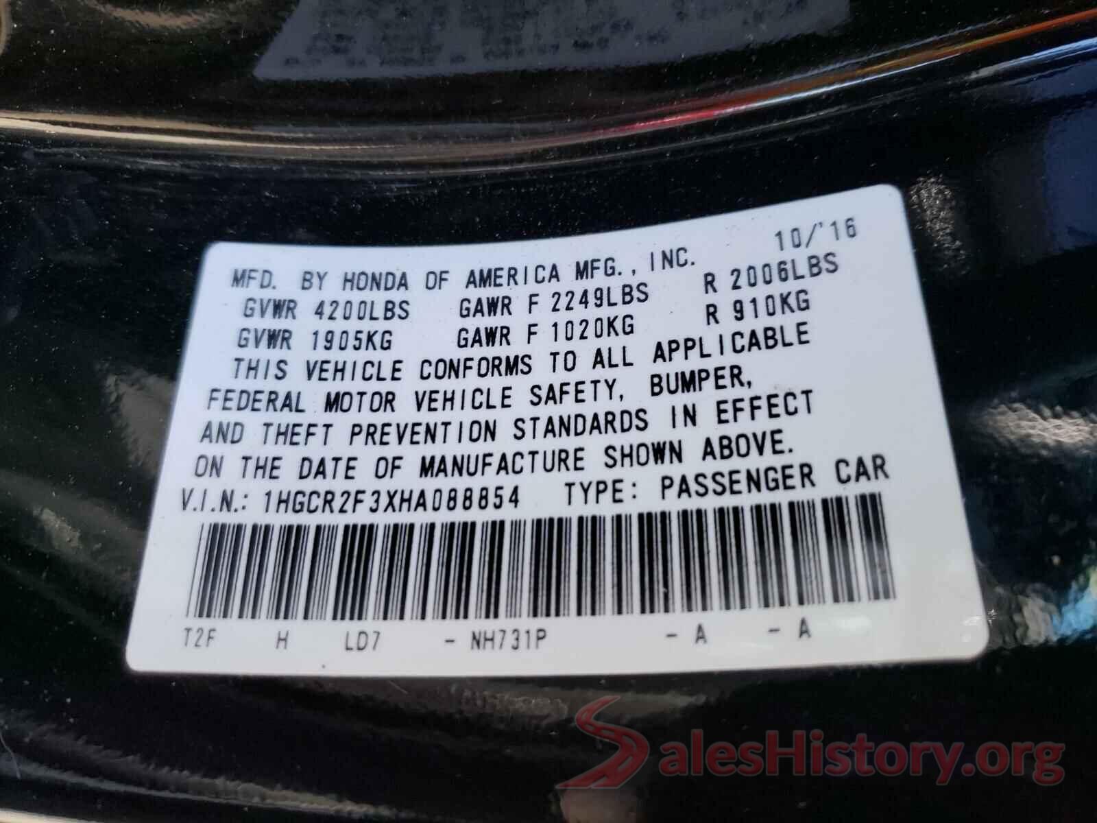 1HGCR2F3XHA088854 2017 HONDA ACCORD