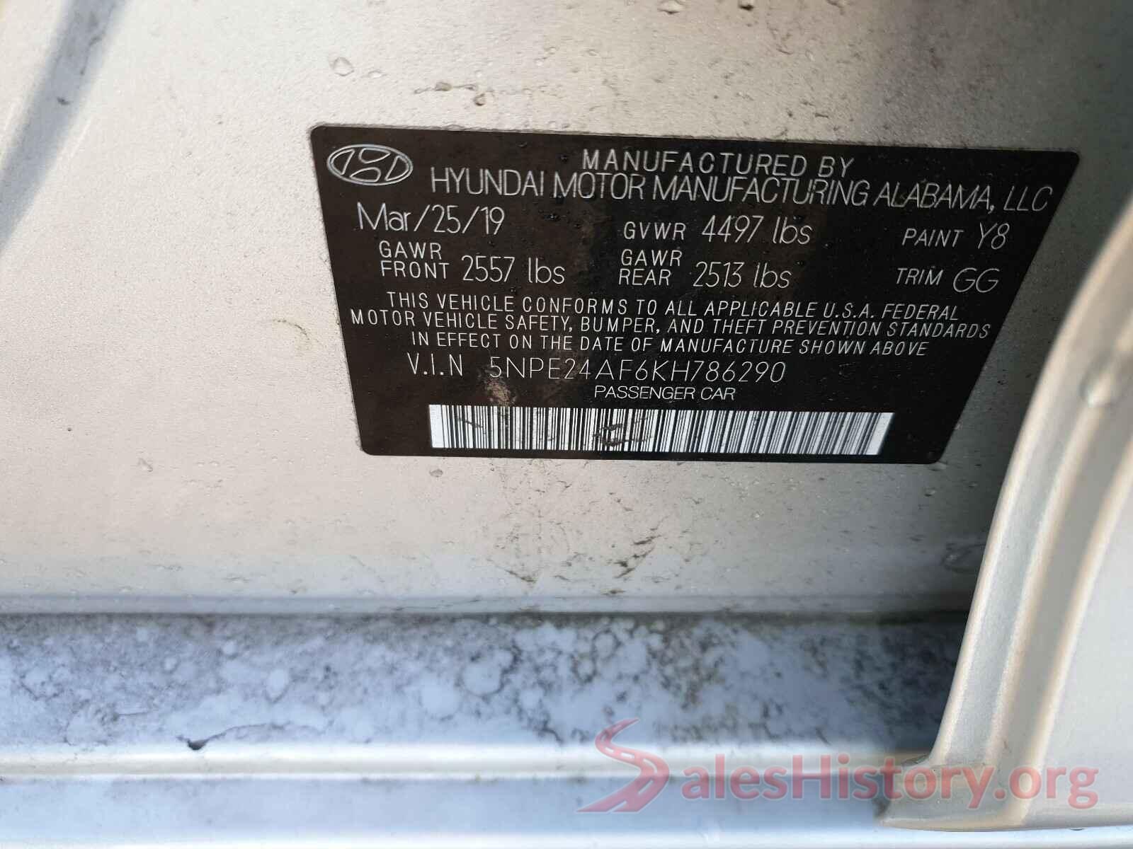 5NPE24AF6KH786290 2019 HYUNDAI SONATA