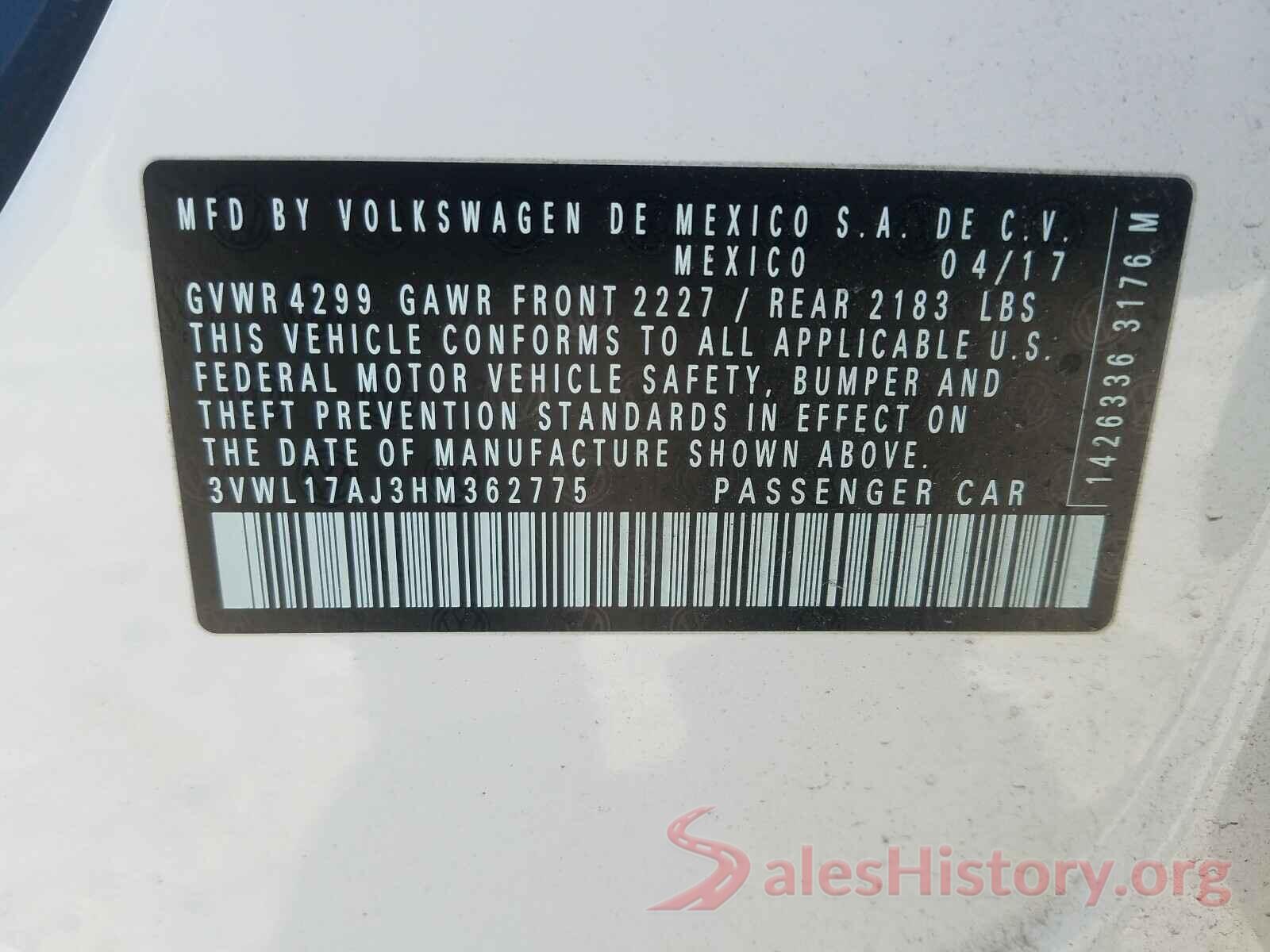 3VWL17AJ3HM362775 2017 VOLKSWAGEN JETTA