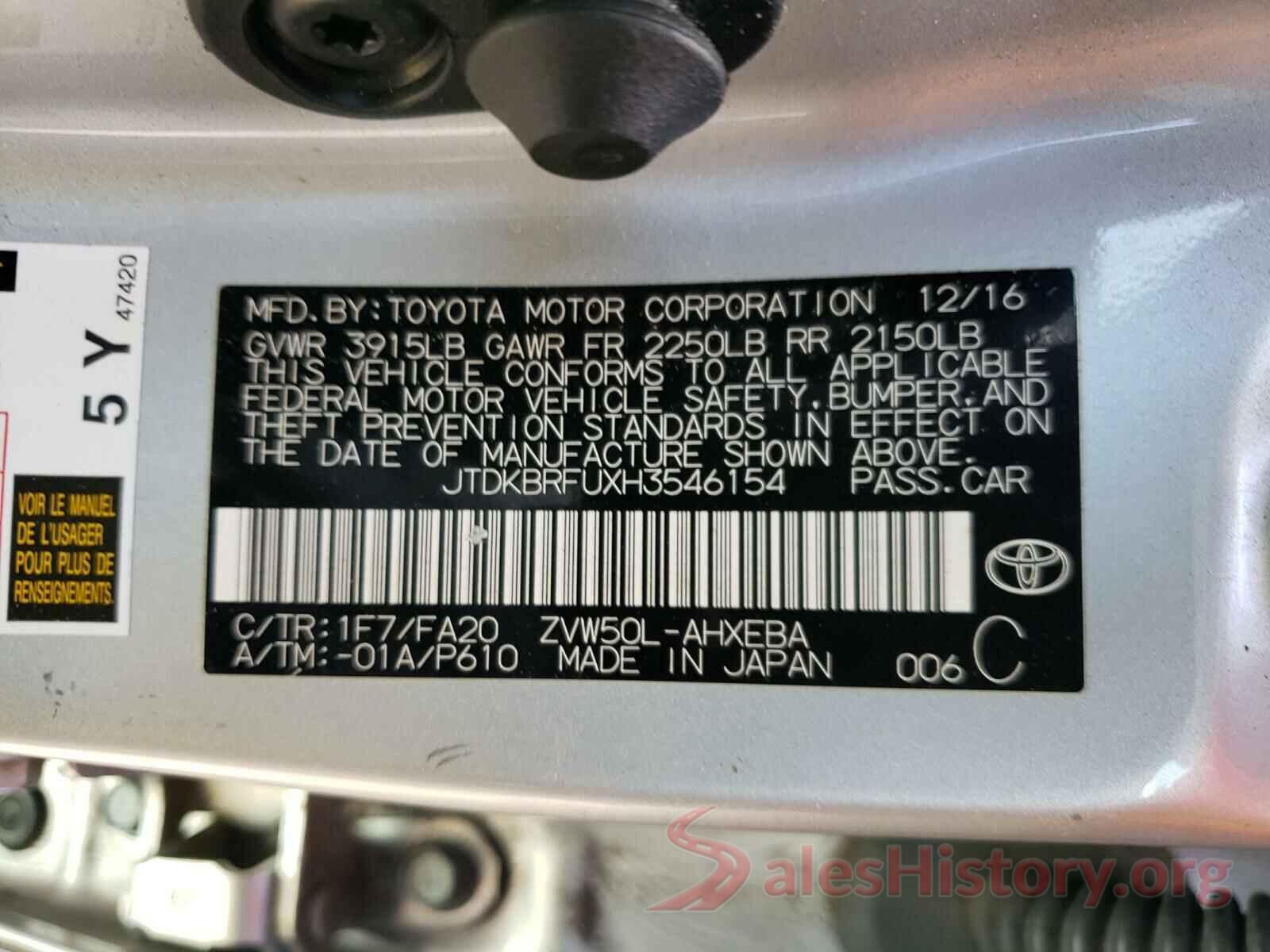 JTDKBRFUXH3546154 2017 TOYOTA PRIUS