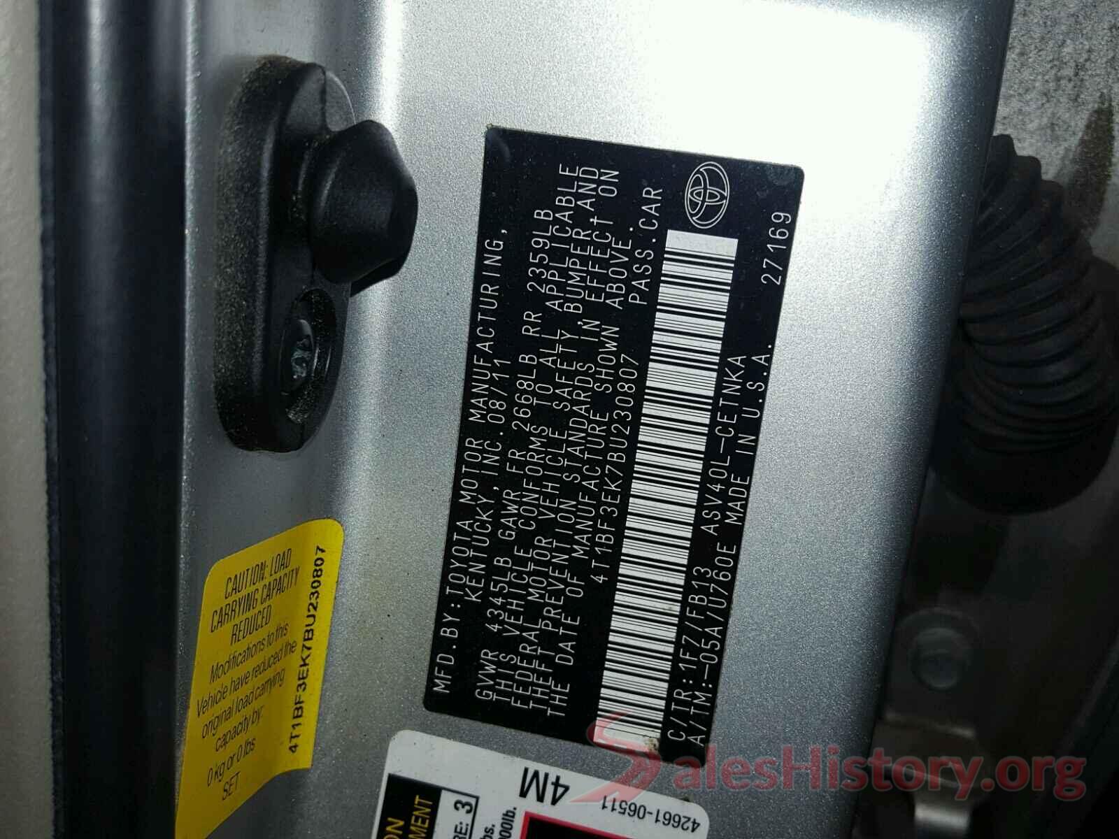 4T1BF3EK7BU230807 2011 TOYOTA CAMRY BASE